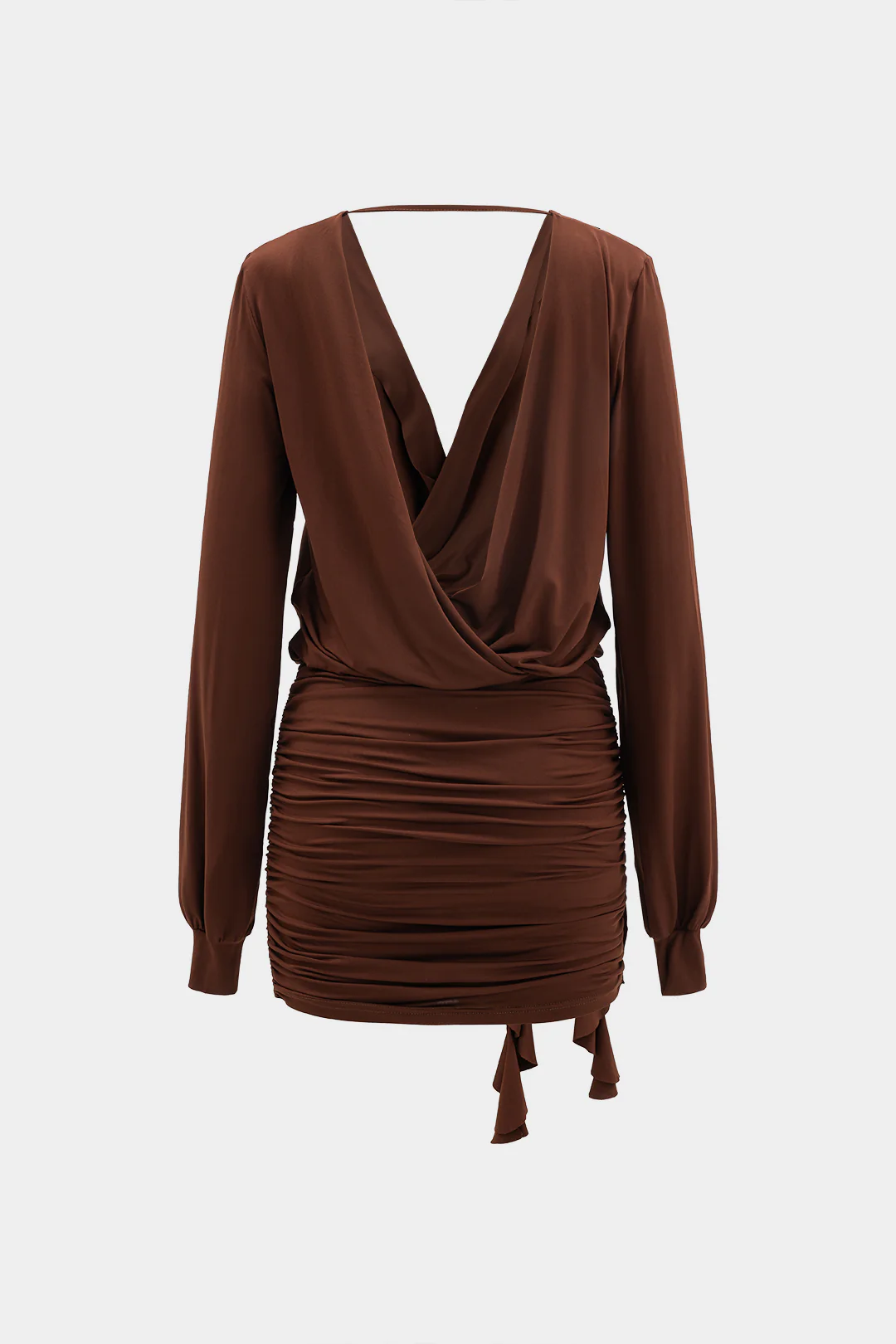 Backless Deep V-Neck Crossed Ruched Long Sleeve Mini Dress - Flockneti