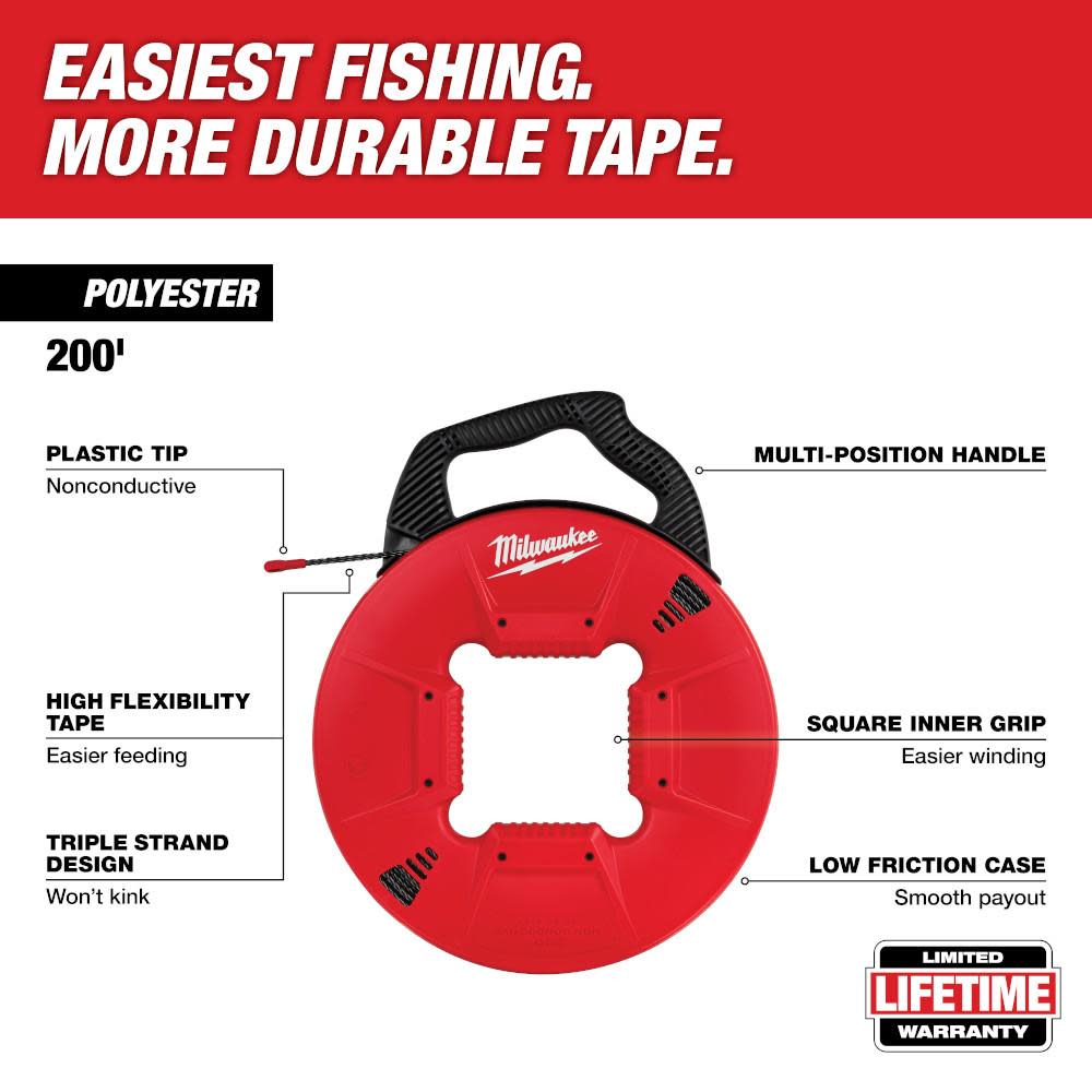 Milwaukee 200 Ft. Polyester Fish Tape with Non-Conductive Tip - Flockneti