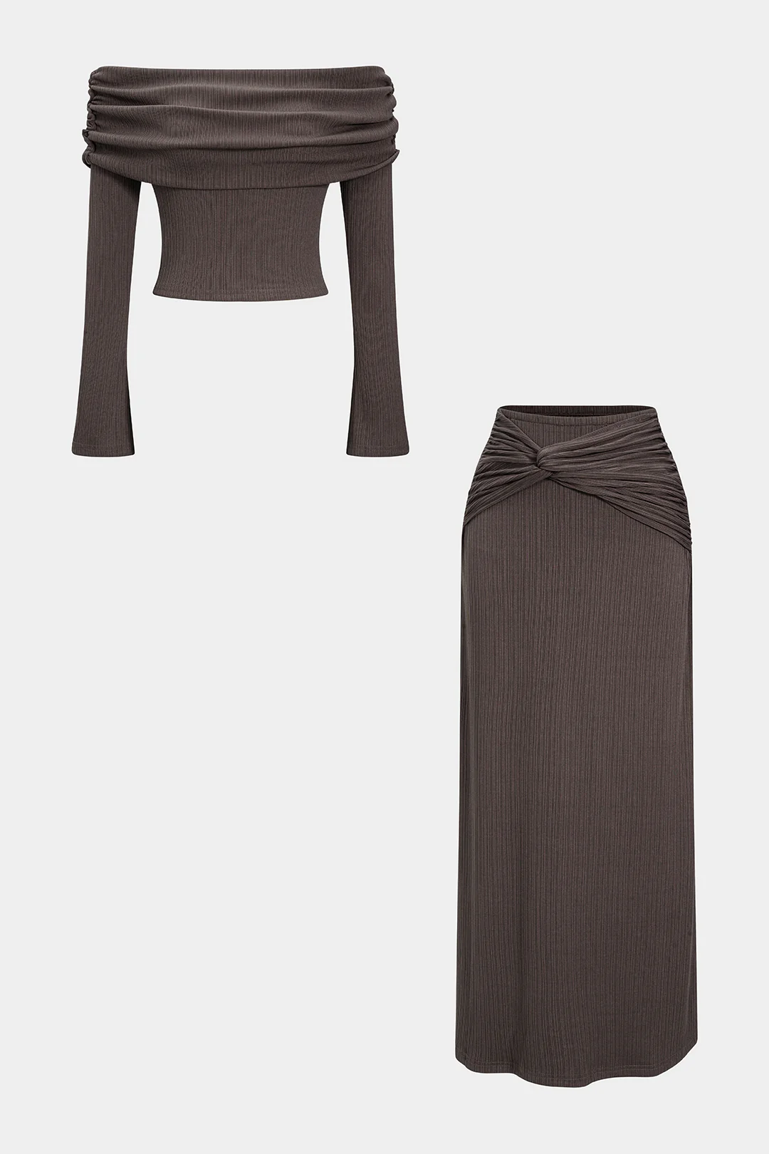 Off Shoulder Long-Sleeve Top And Twist Knot Skirt Set - Flockneti