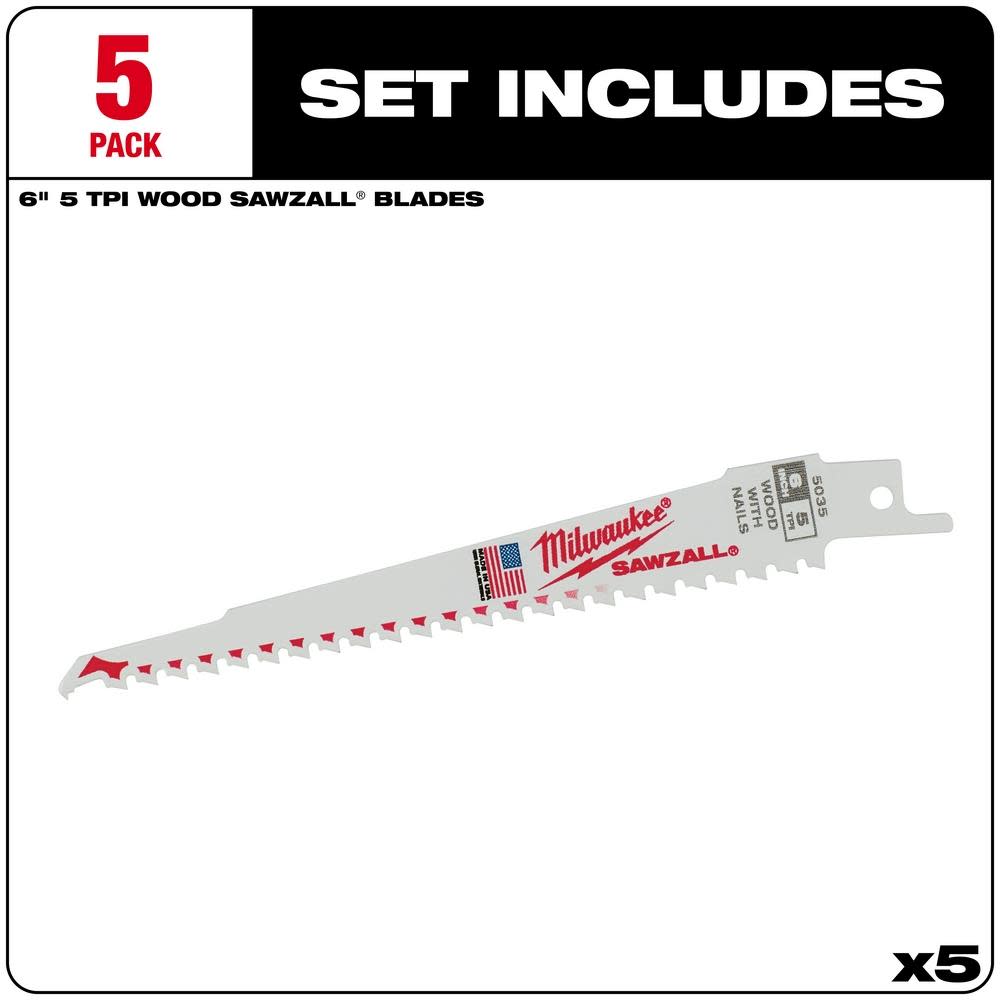 Milwaukee 6 in. 5 TPI SAWZALL Blades 5PK - Flockneti