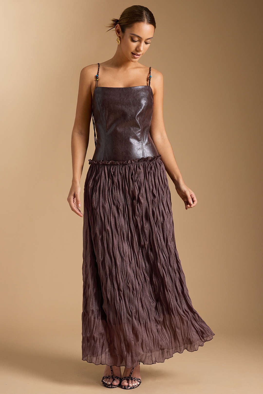 Faux Leather Patchwork Ruched Sleeveless Midi Dress - Flockneti