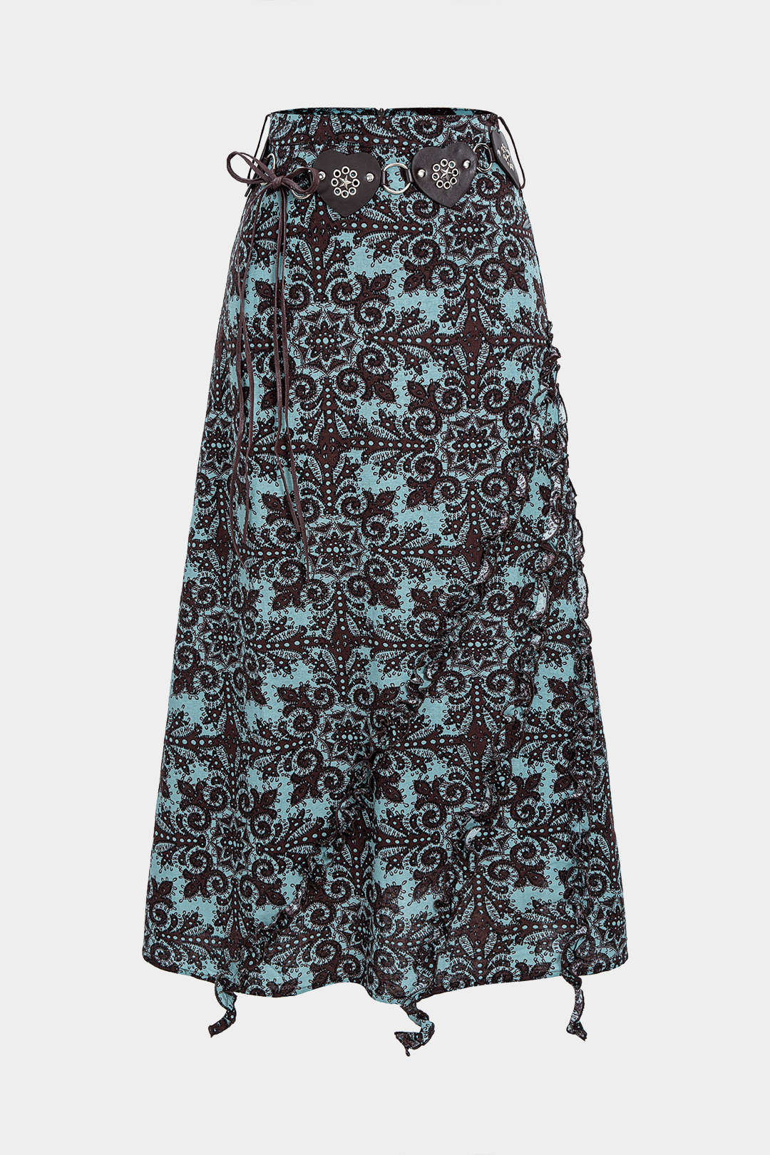 Floral Print Belted Bow Ruffle Decor Midi Skirt - Flockneti