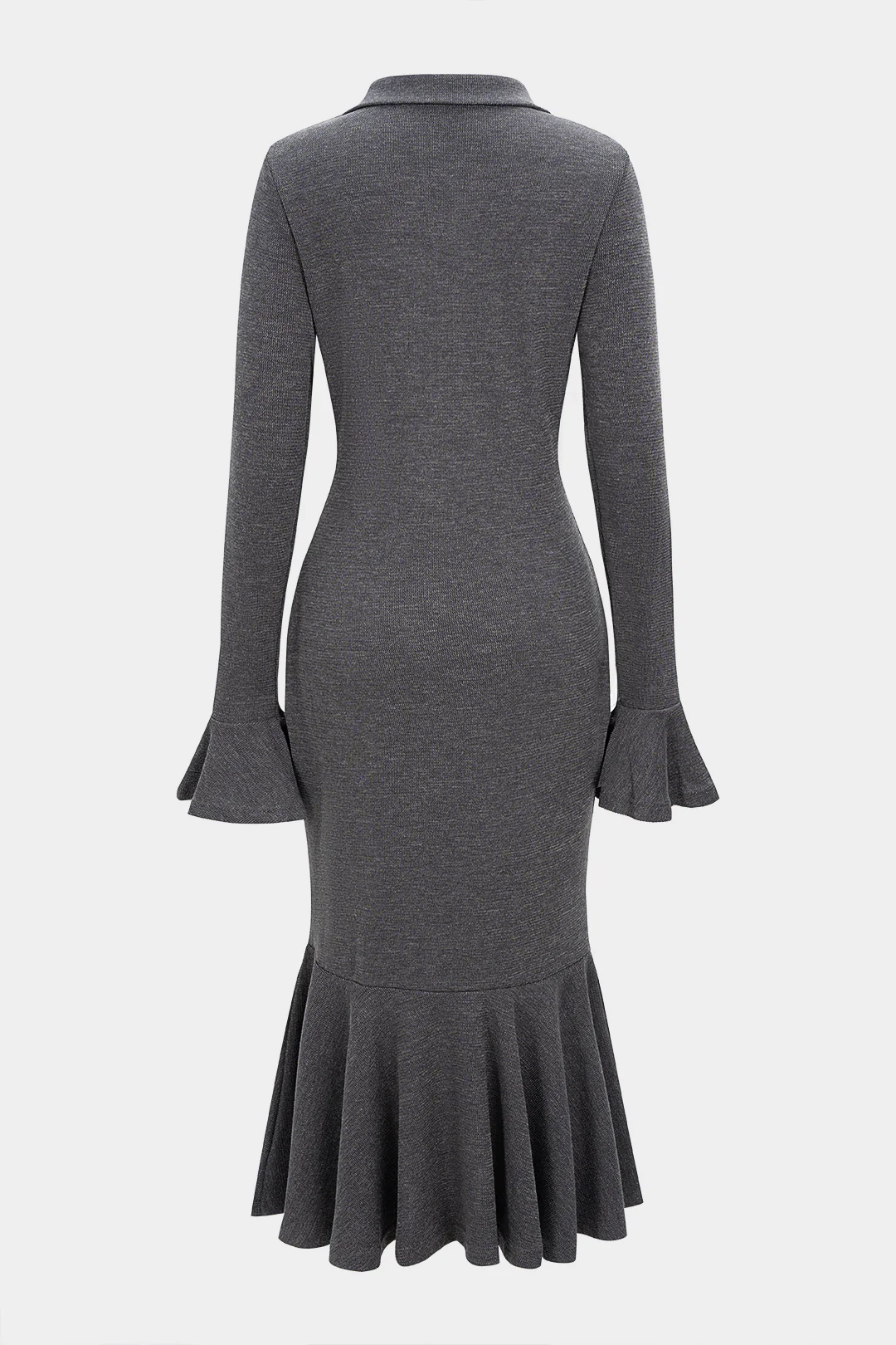 Lapel Ruffle Hem Zipper Bell Sleeve Midi Dress - Flockneti
