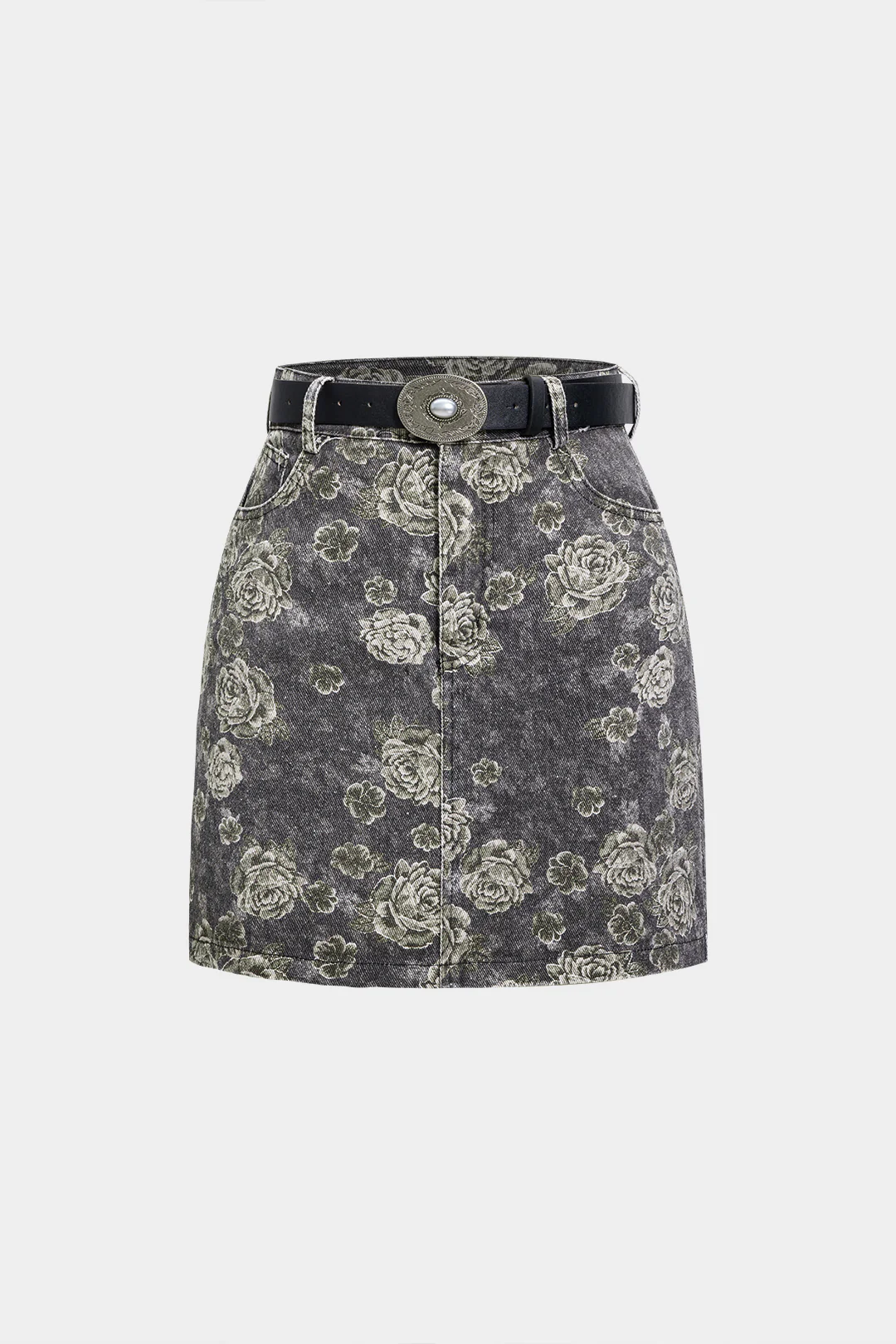 Floral Print Denim High Waist Belted Mini Skirt - Flockneti