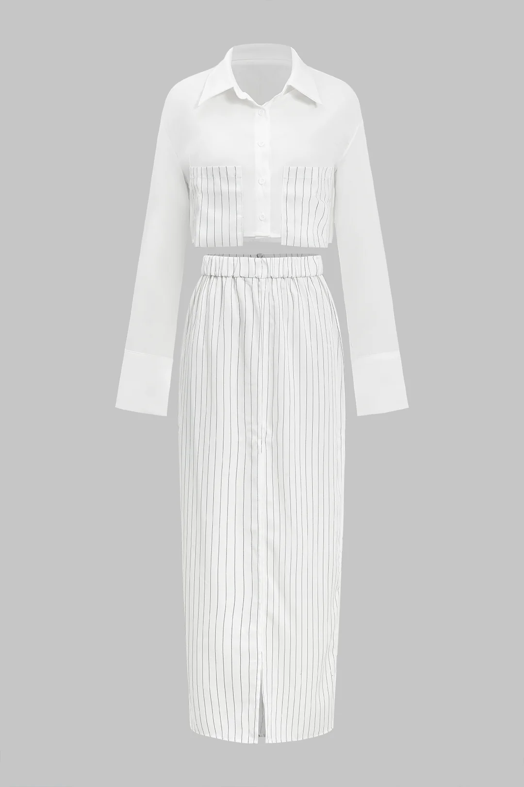 Solid Patchwork Pocket Shirt And Split Skirt Set - Flockneti