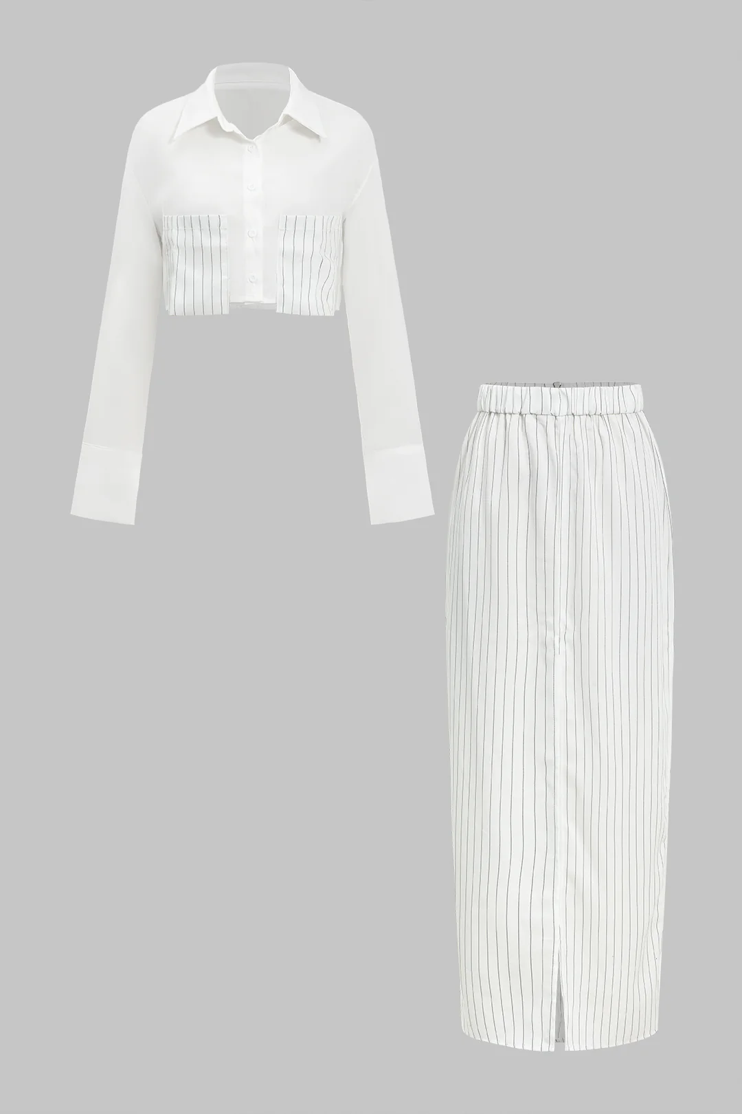 Solid Patchwork Pocket Shirt And Split Skirt Set - Flockneti