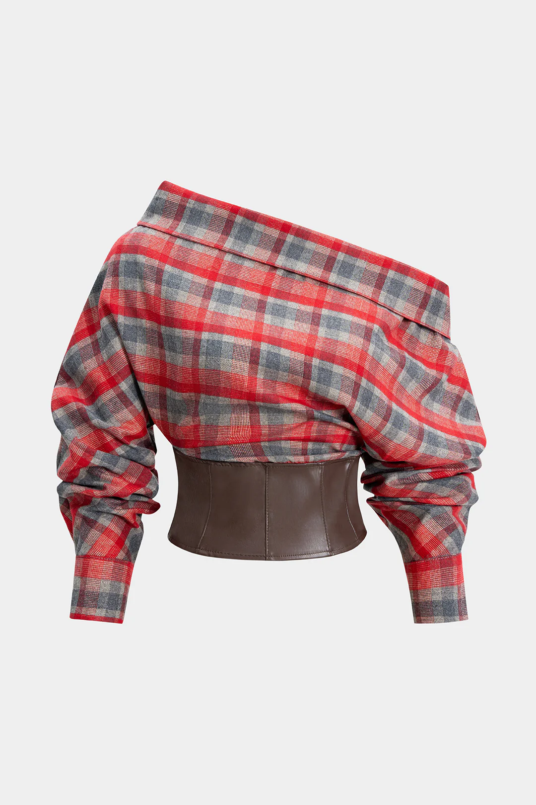 Plaid Print Faux Leather Asymmetrical Neck Long-Sleeve Shirt - Flockneti