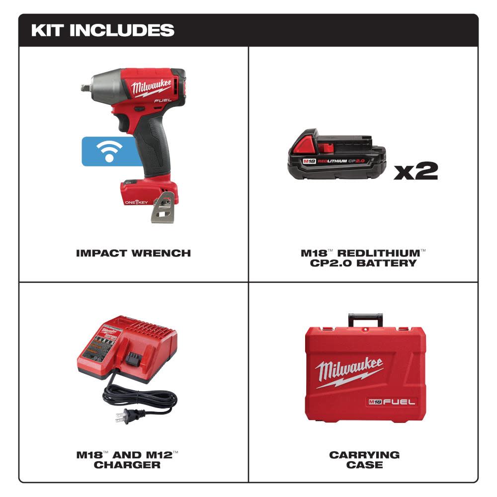 Milwaukee M18 FUEL 3/8″ Compact Impact Wrench Friction Ring ONE-KEY Kit - Flockneti