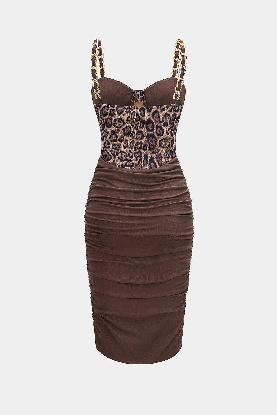 Leopard Print Ruched Chain Slip Sleeveless Midi Dress - Flockneti