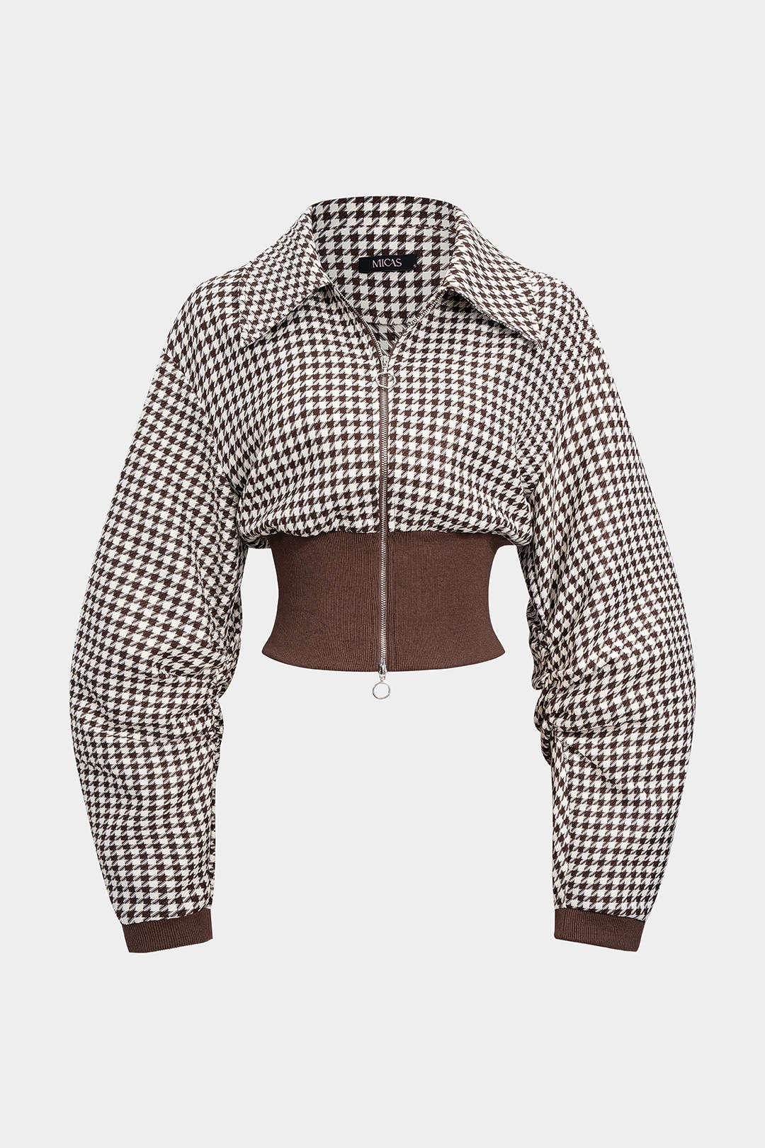 Houndstooth Print Patchwork Zipper Jacket - Flockneti