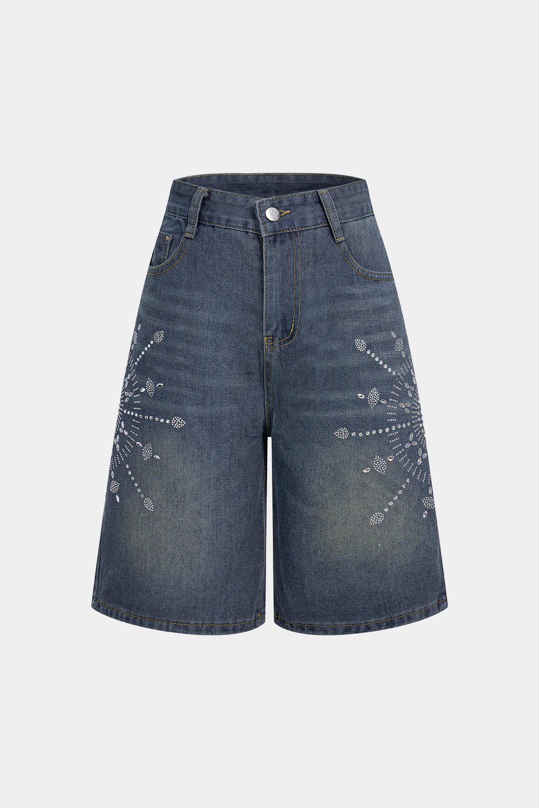 Denim Rhinestone Decor Wide Leg Shorts - Flockneti