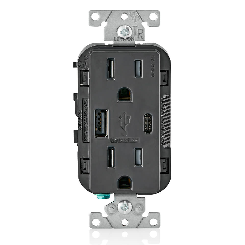Leviton 15A 125V 5-15R Black Outlet with USB Type A/C Charger - Flockneti