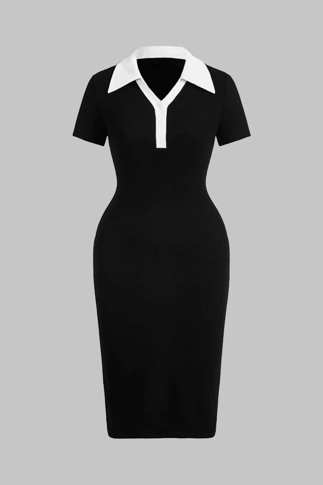 Plus Size Contrast Lapel V-Neck Short Sleeve Midi Dress - Flockneti