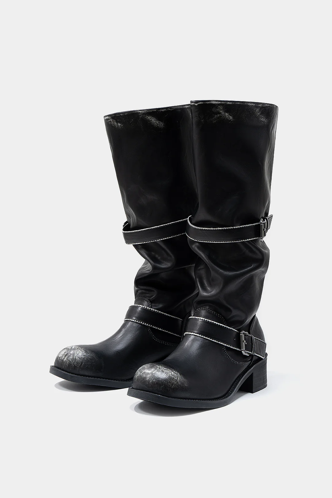 Leather Metallic Buckle Mid Calf Boots - Flockneti