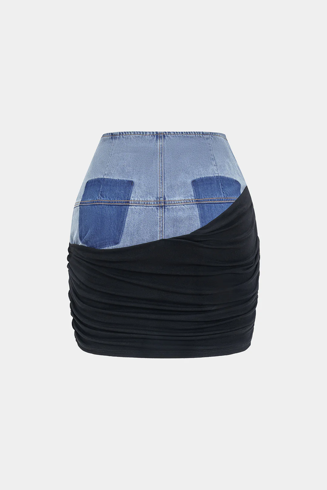 Denim Patchwork Ruched Skirt - Flockneti