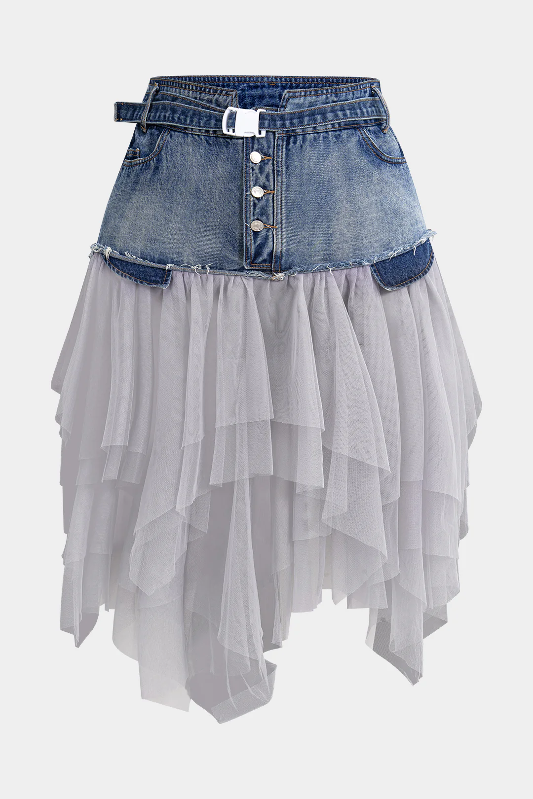 Plus Size Denim Mesh Patchwork High Waist Skirt - Flockneti