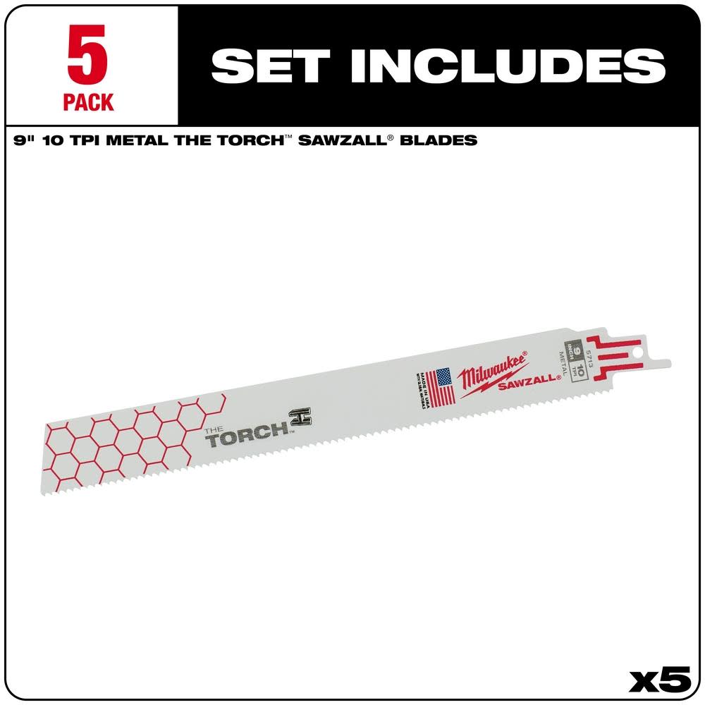Milwaukee 9 in. 10 TPI THE TORCH SAWZALL Blades 5PK - Flockneti