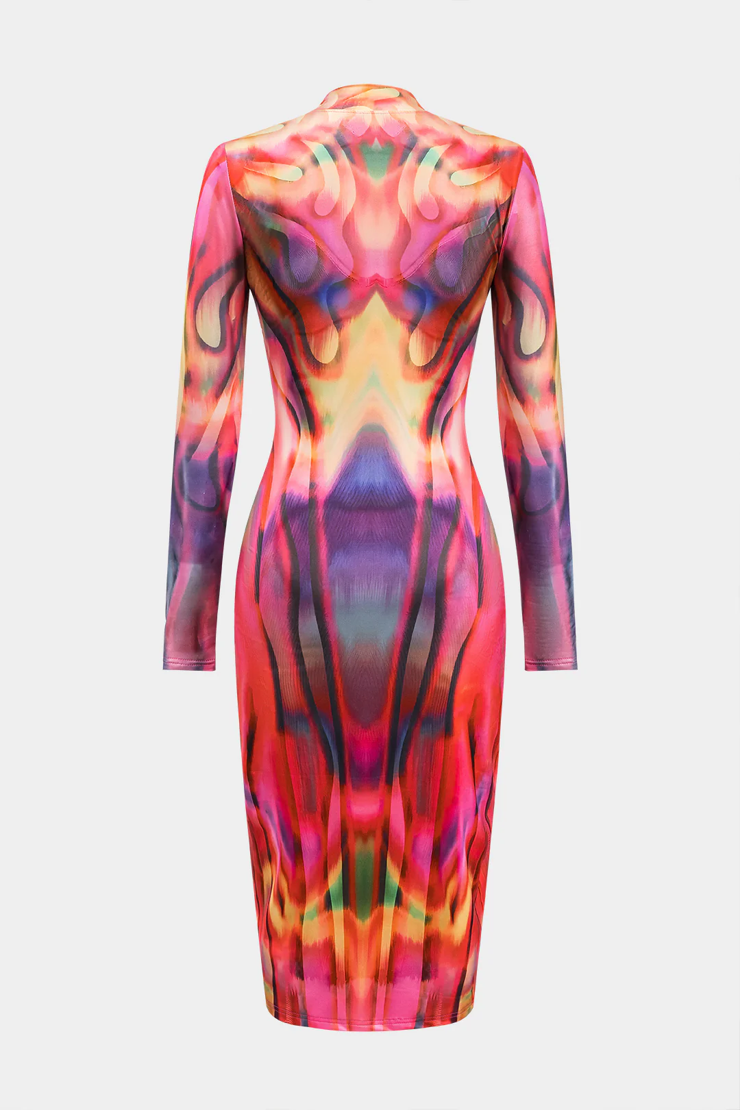 Colorblock Print Mock Neck Long-Sleeve Midi Dress - Flockneti