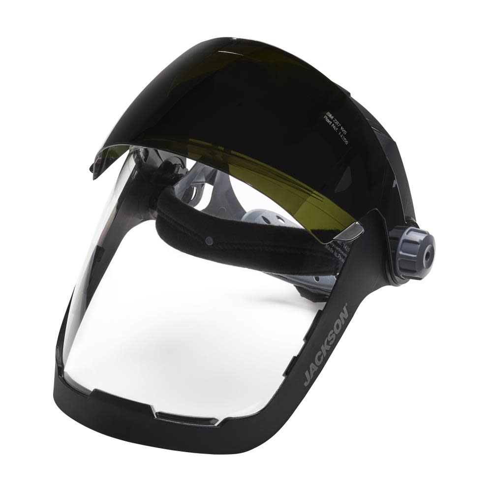 Jackson Safety QUAD 500 Premium Multi-Purpose Face Shield – Clear Window with Shade 5 IR Flip Visor – Anti-Fog Coating – 370 Speed Dial Ratcheting Headgear - Flockneti