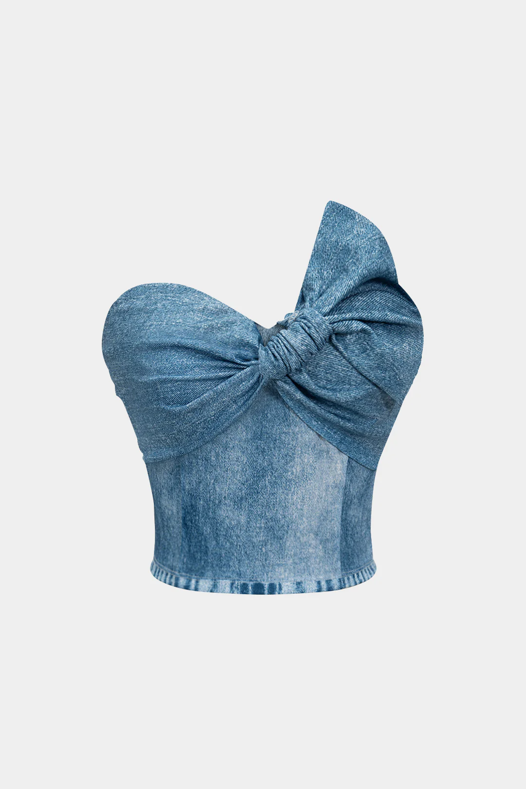 Denim Print Asymmetrical Twist Knot Strapless Tube Top - Flockneti