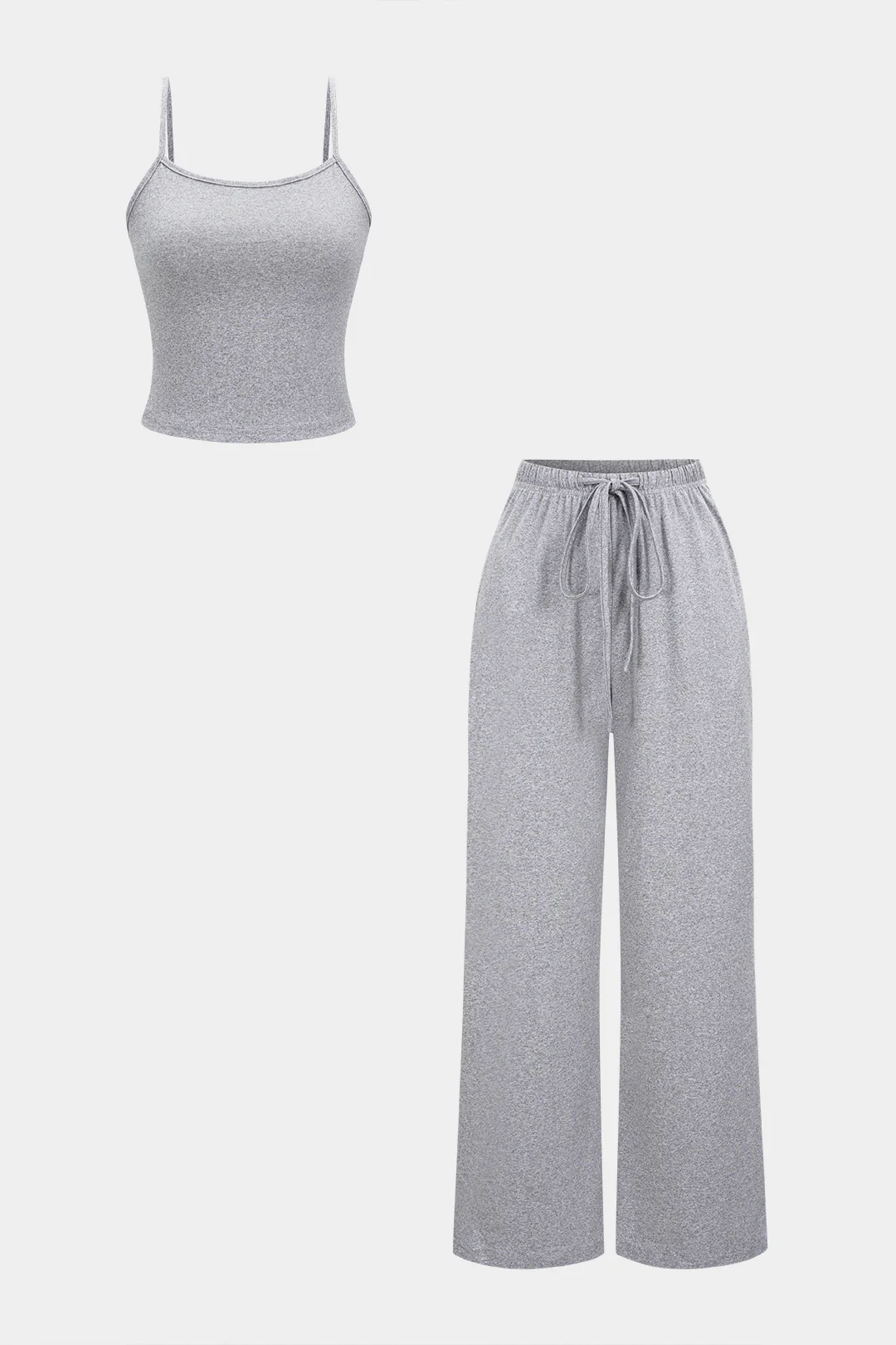 Solid Basic Cropped Cami Top And Drawstring Wide Leg Pants Set - Flockneti
