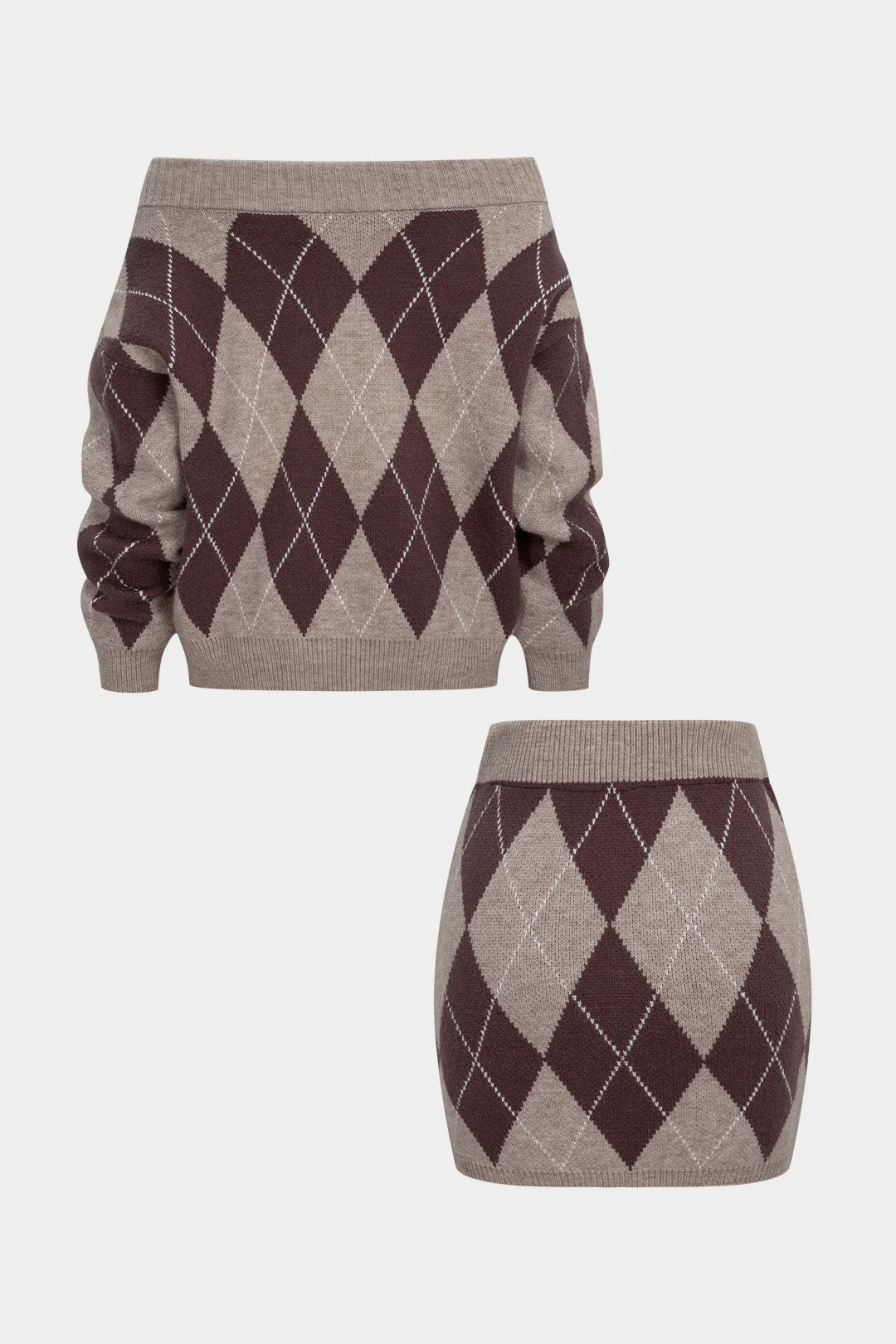 Knit Contrast Diamond Print Off Shoulder Long-Sleeve Top And High Waist Mini Skirt Set - Flockneti