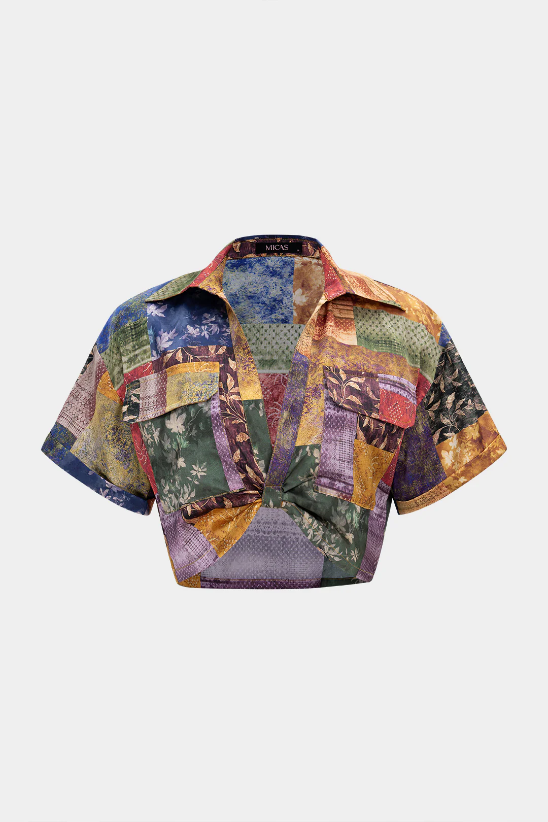 Patchwork Print Satin V-Neck Ruched Short Sleeve Top - Flockneti
