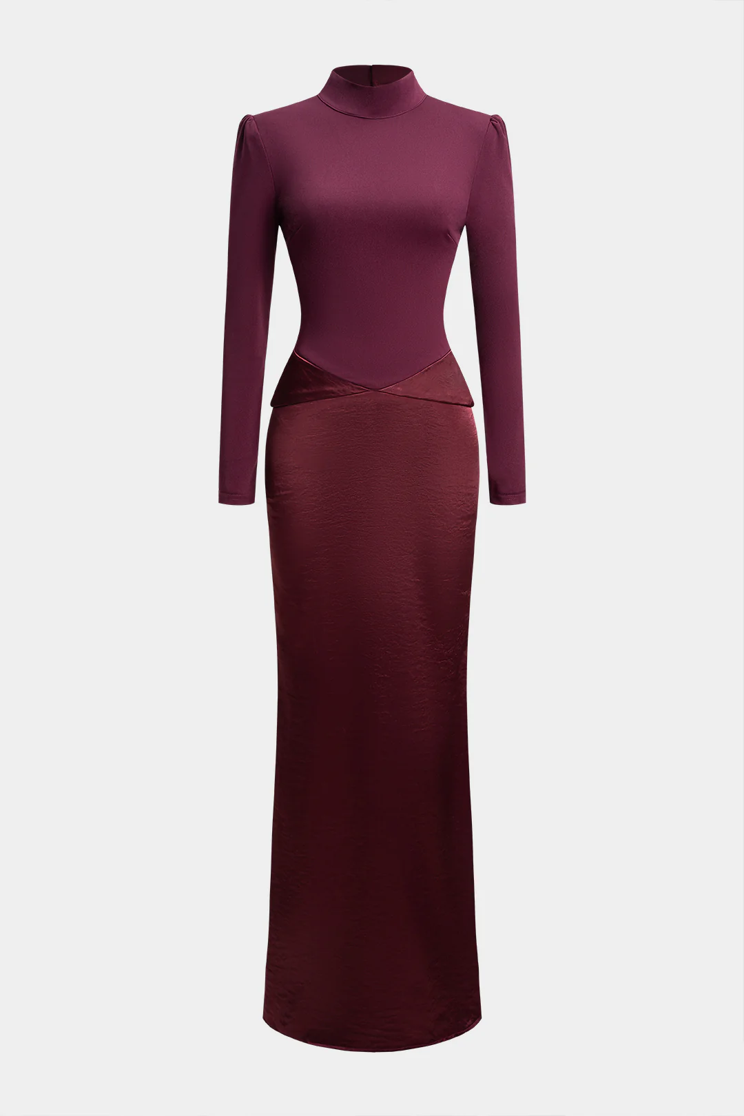 Satin Patchwork Mock Neck Backless Long-Sleeve Maxi Dress - Flockneti