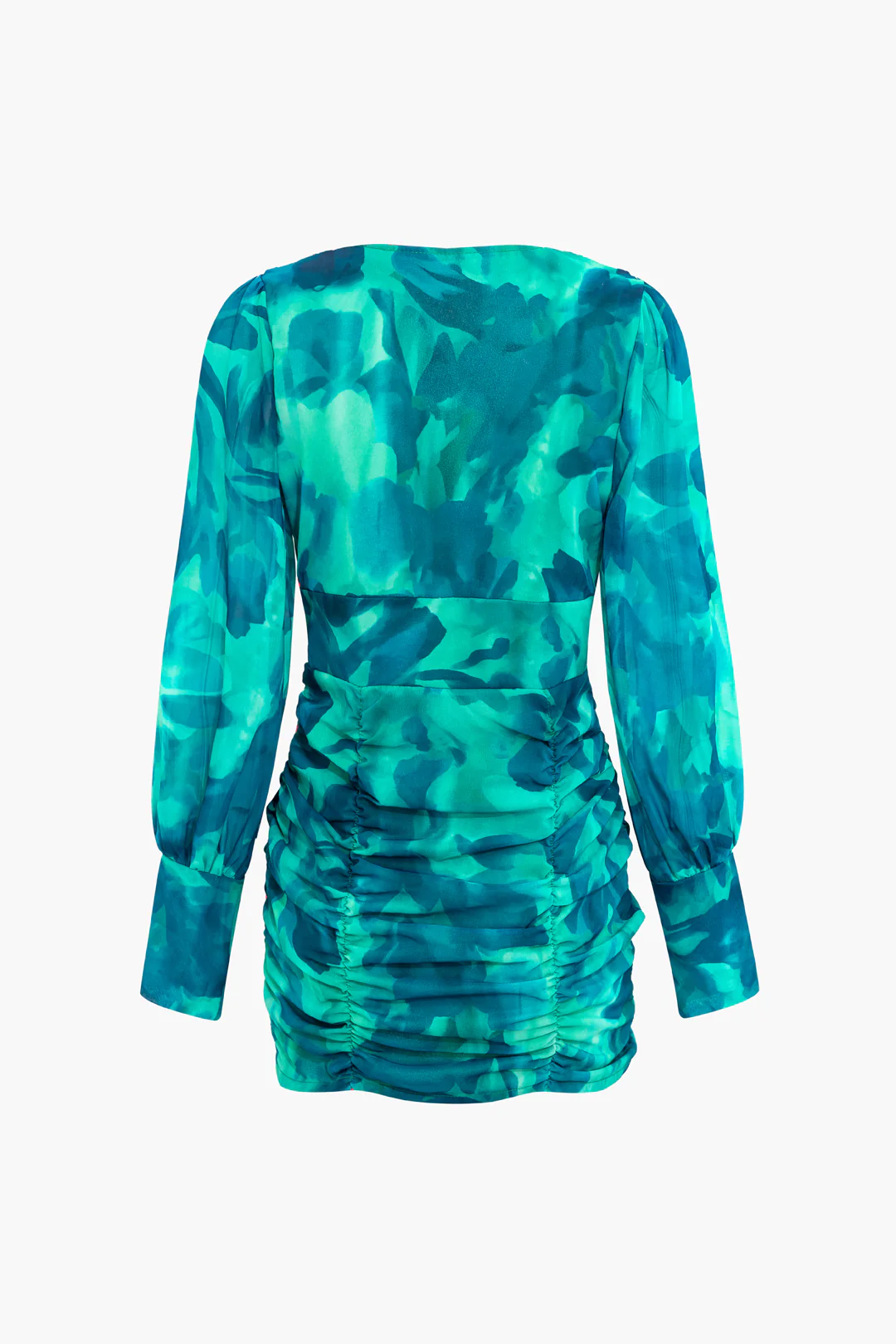 Abstract Print  V-Neck Ruched Long Sleeve Mini Dress - Flockneti