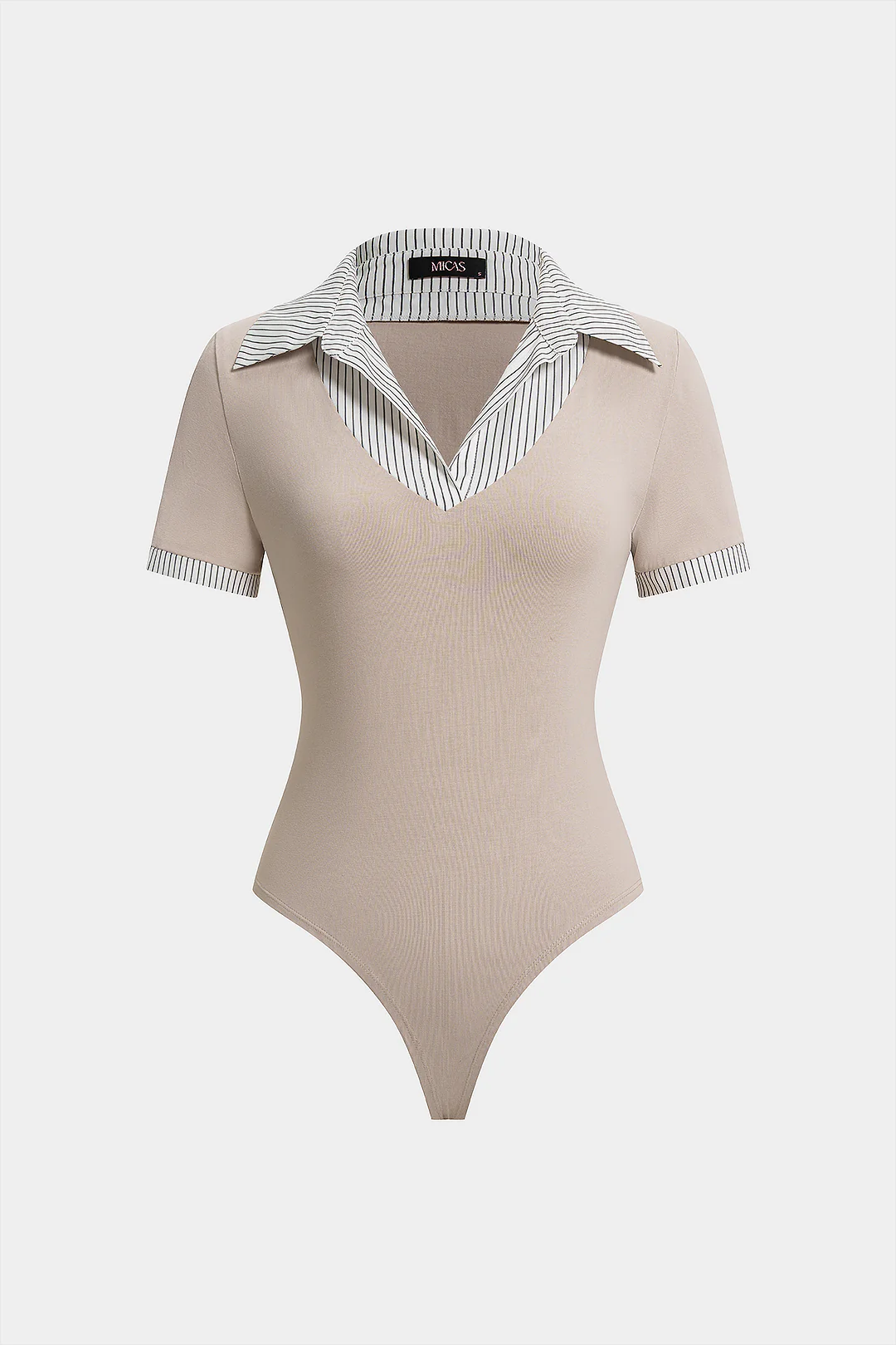 Striped Patchwork Lapel Short Sleeve Bodysuit - Flockneti