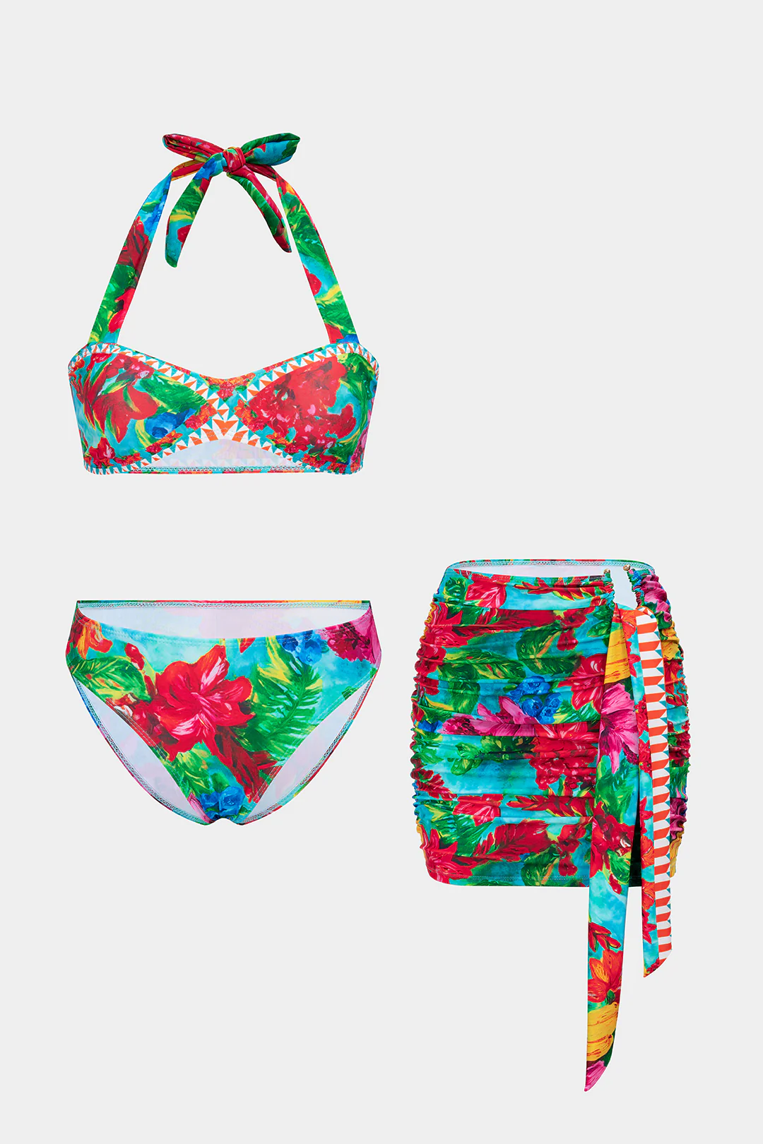Floral Print Halter Tie-Up Ruched Bikini Set - Flockneti