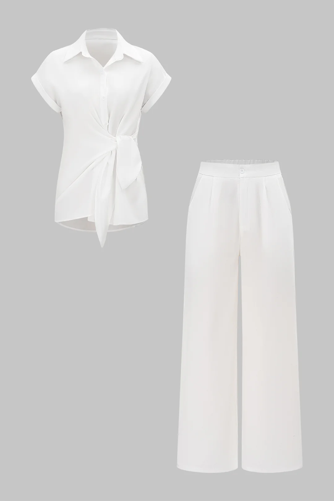 Asymmetrical Tie Front Long-Sleeve Shirt And Pants Set - Flockneti