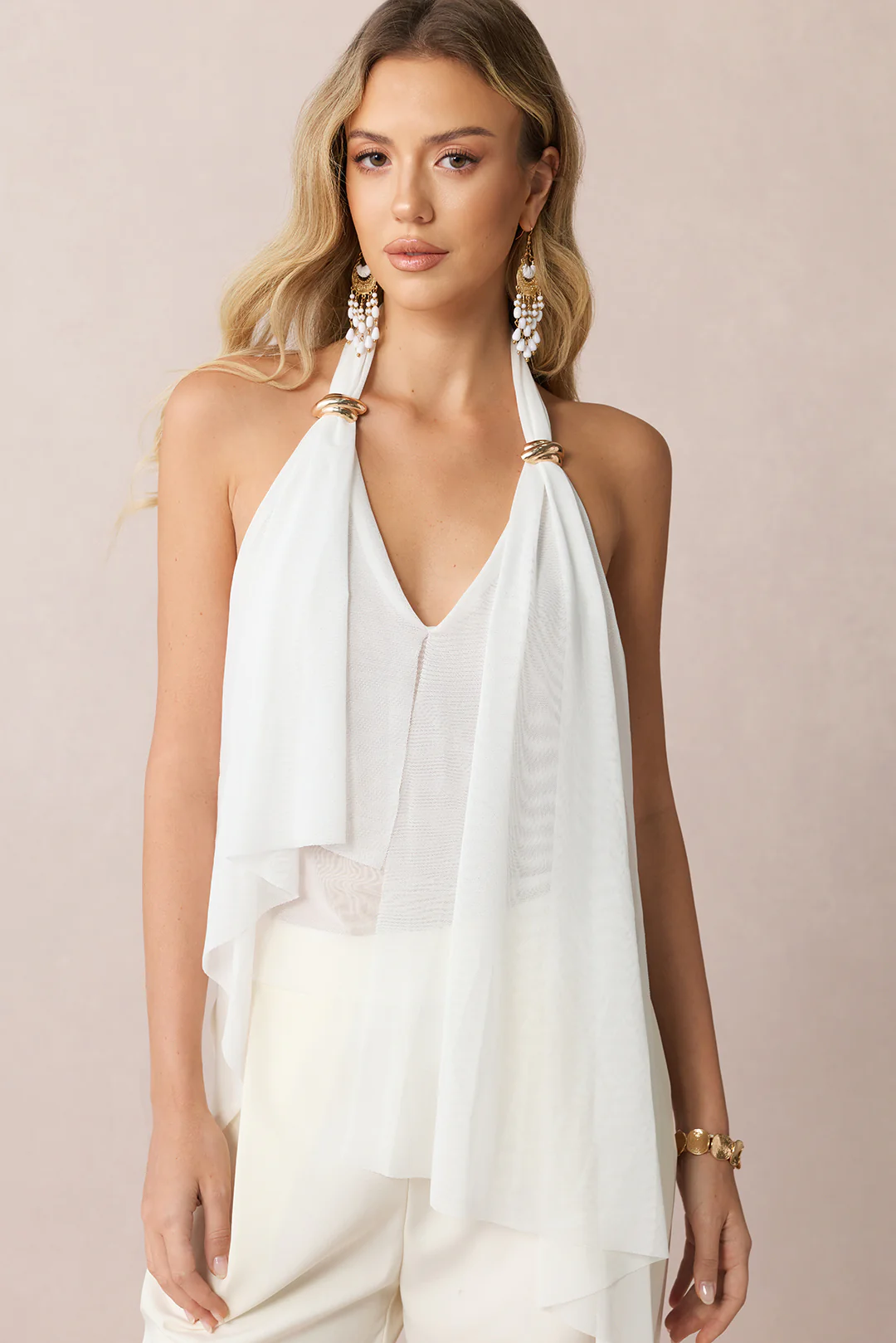 Mesh Halter V-Neck Asymmetrical Backless Ruched Cami Top - Flockneti