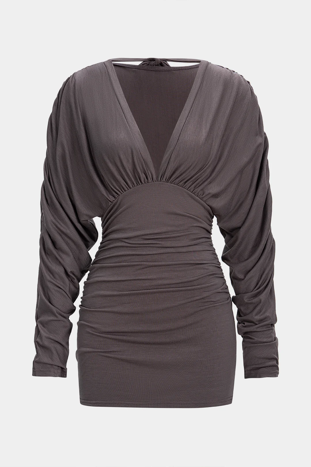 V-Neck Tie-Up Ruched Long Sleeve Mini Dress - Flockneti