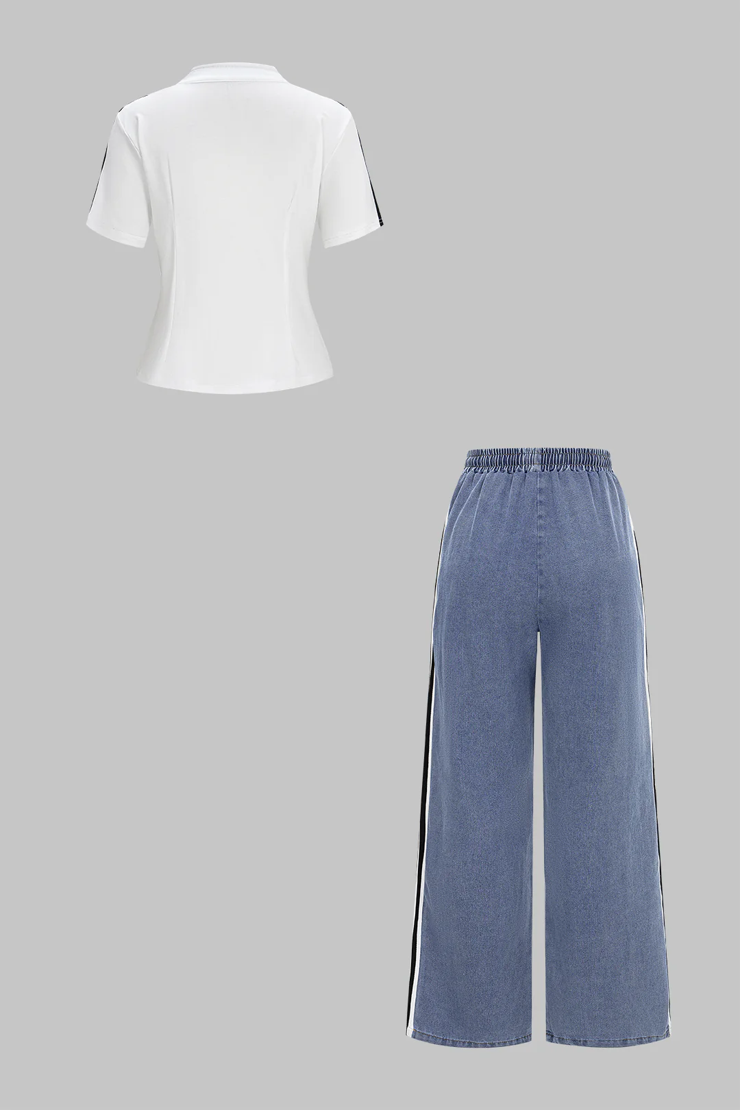Denim Patchwork Mock Neck Zipper Short Sleeve Top And Drawstring Shirred Waistband Jeans Set - Flockneti
