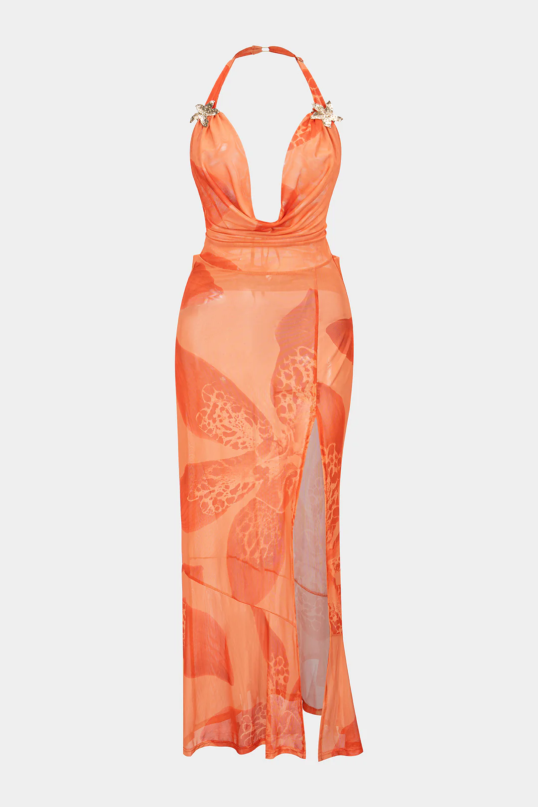 Floral Print Halter Draped Cowl Neck Slit Cover Up - Flockneti