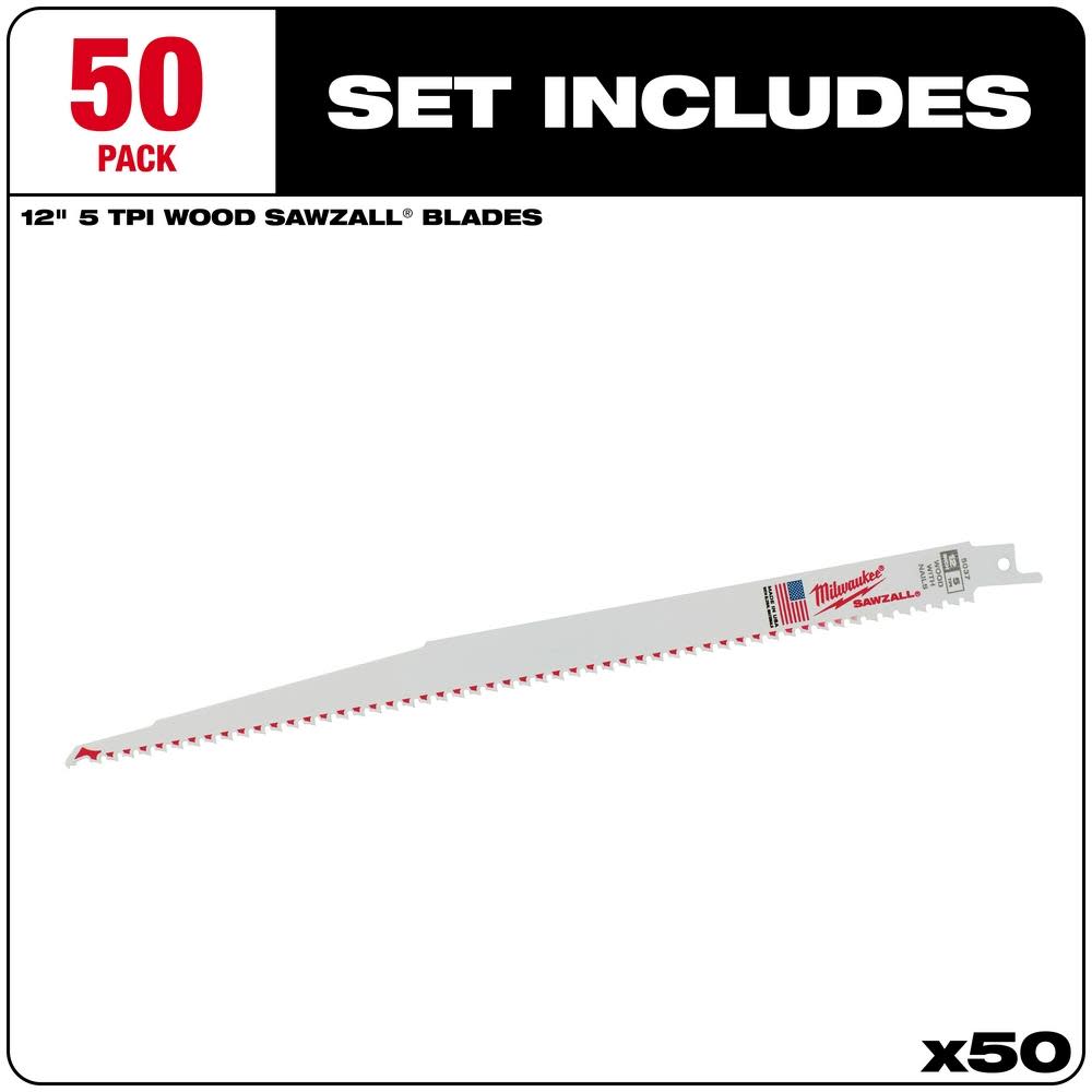 Milwaukee 12 in. 5 TPI SAWZALL Blades (50 Pack) - Flockneti