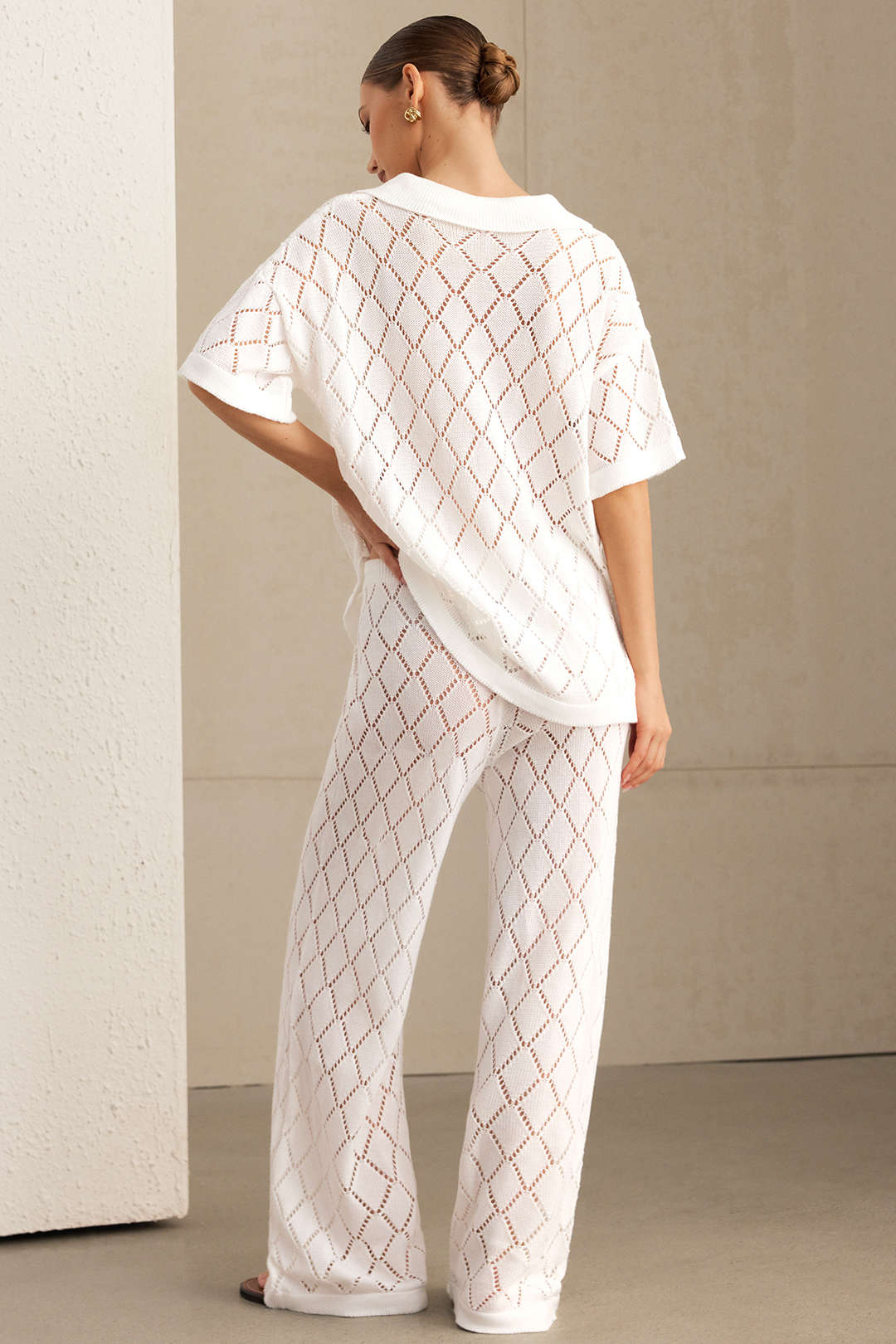 Knit  Cut Out Button Cardigan And Pants Set - Flockneti