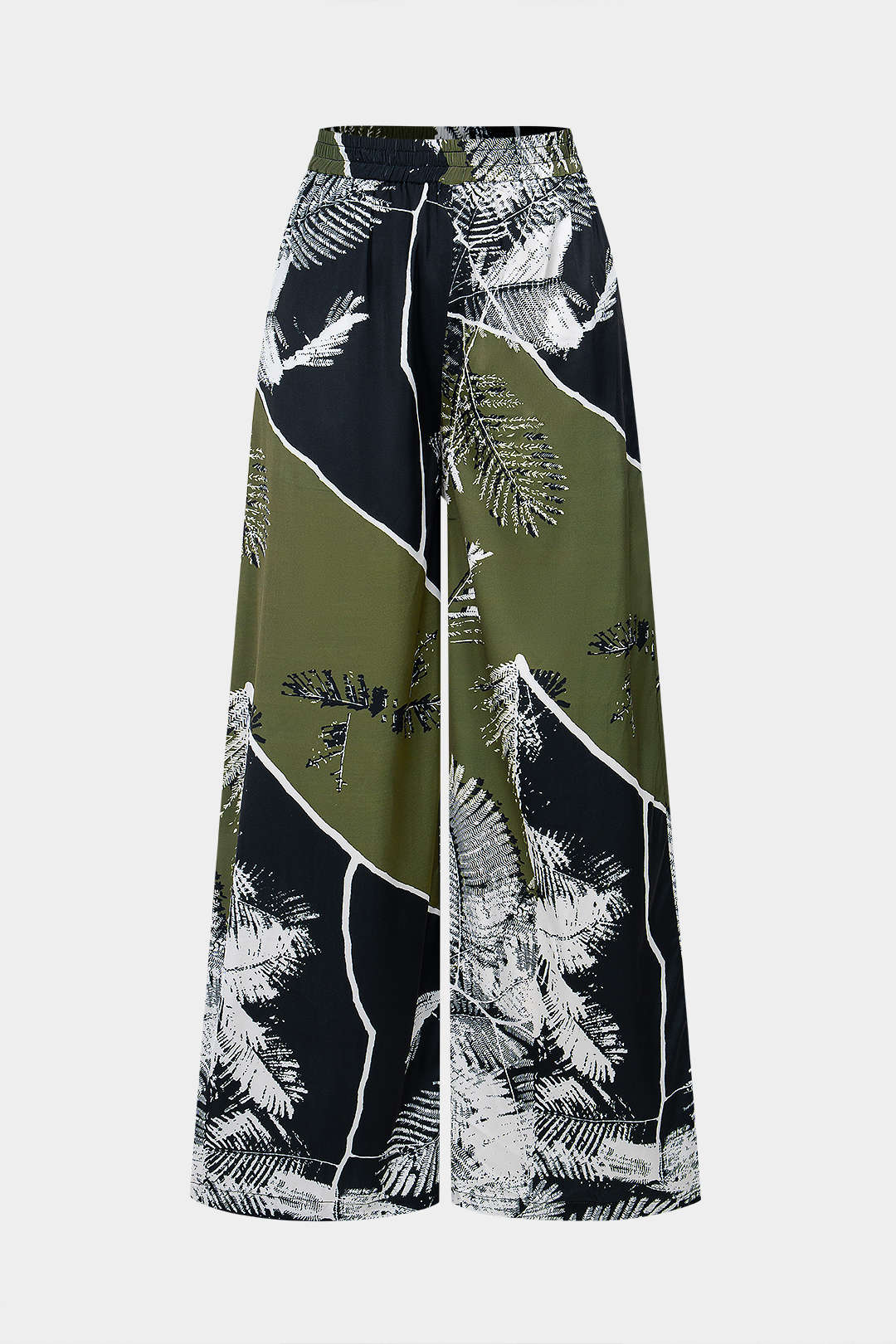 Leaves Contrast Print Satin Shirred Waistband Wide Leg Pants - Flockneti