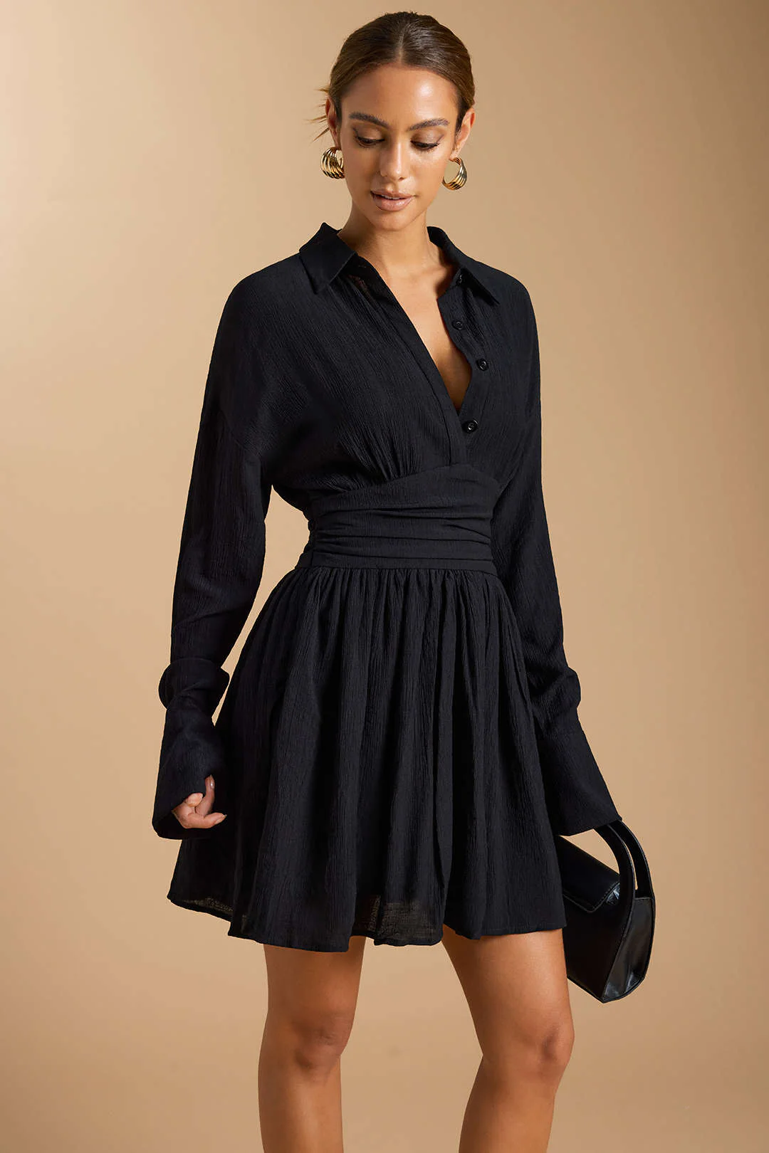 Button Ruched Long Sleeve Mini Dress - Flockneti