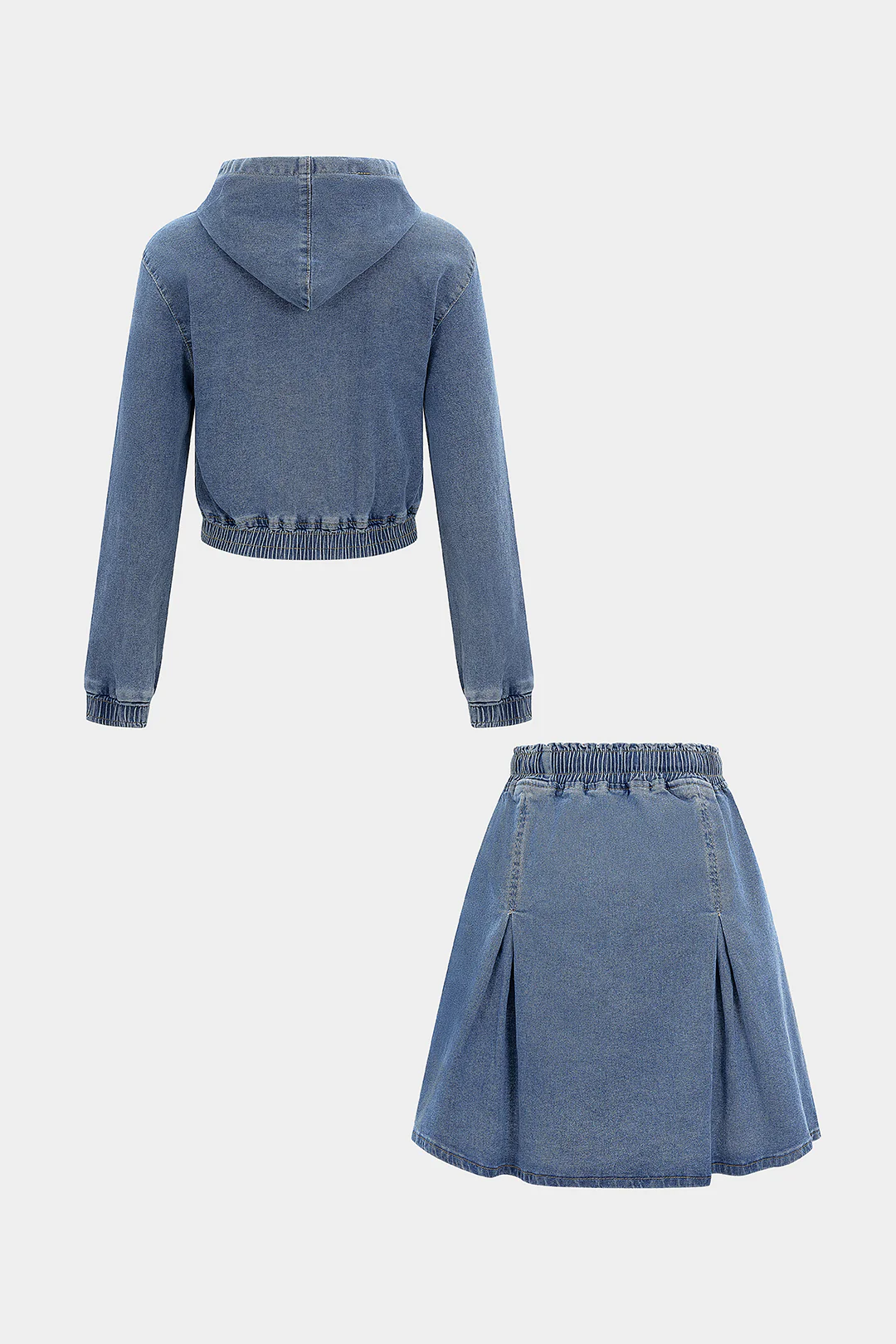 Denim Shirred Drawstring Long-Sleeve Top And Ruched High Waist Mini Skirt Set - Flockneti