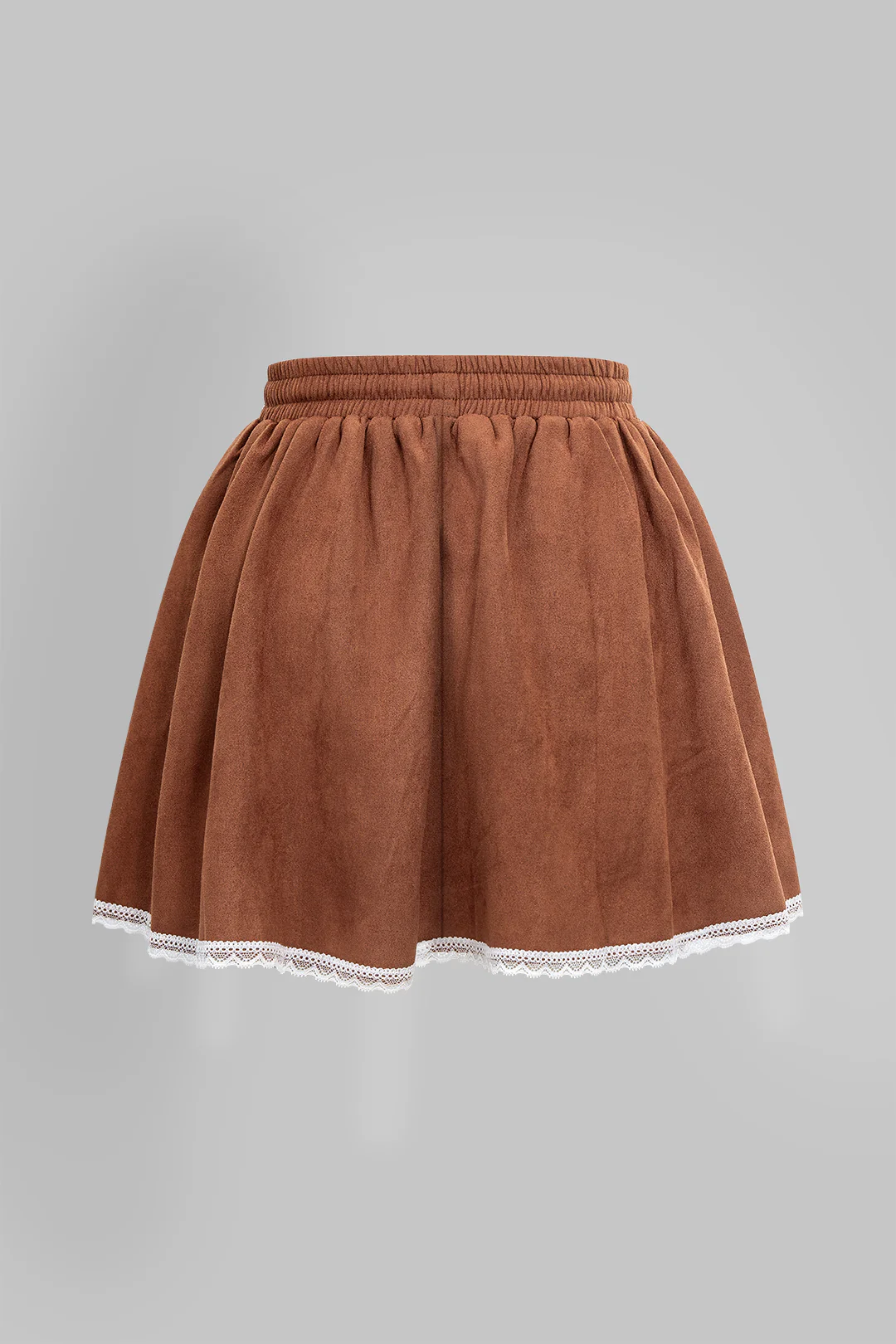 Lace Trim Patchwork Suede Tie-Up Puff Mini Skirt - Flockneti