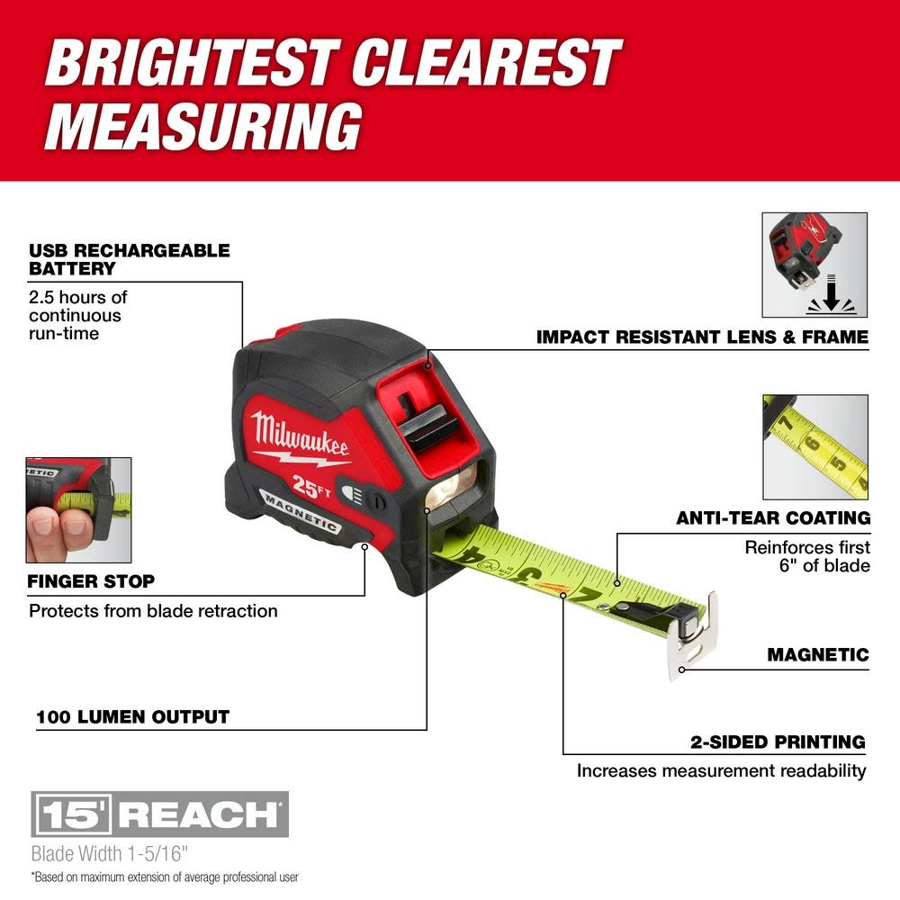 Milwaukee 25ft Wide Blade Magnetic Tape Measure with 100L Light - Flockneti