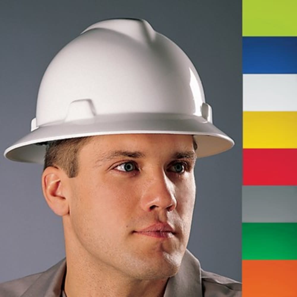 MSA Safety Works V Gard Slotted Full Brim Hat White with 1 Touch Suspension - Flockneti