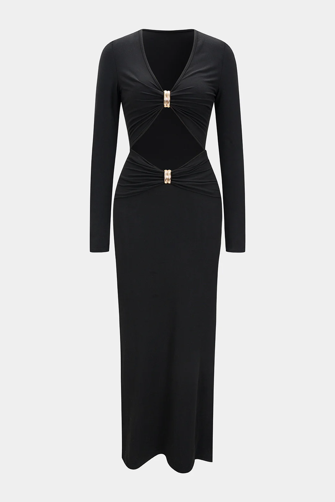 Metallic Decor V-Neck Cut Out Long Sleeve Maxi Dress - Flockneti