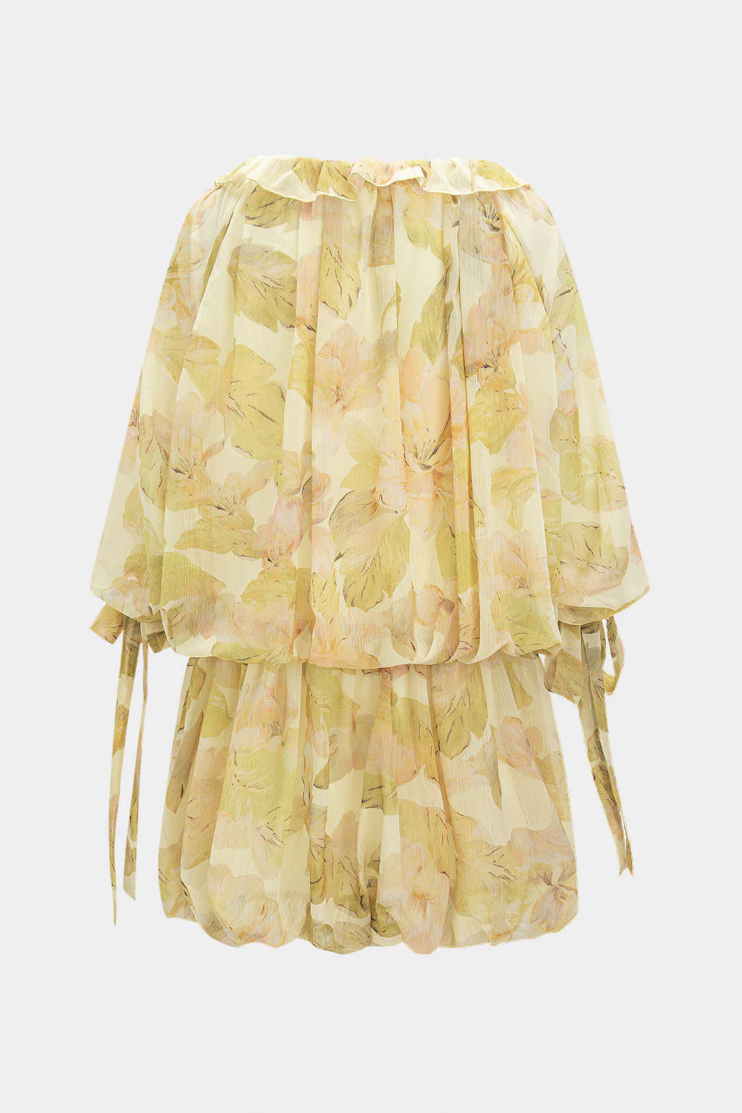Mesh Floral Print Off Shoulder Ruffle Long-Sleeve Mini Dress - Flockneti