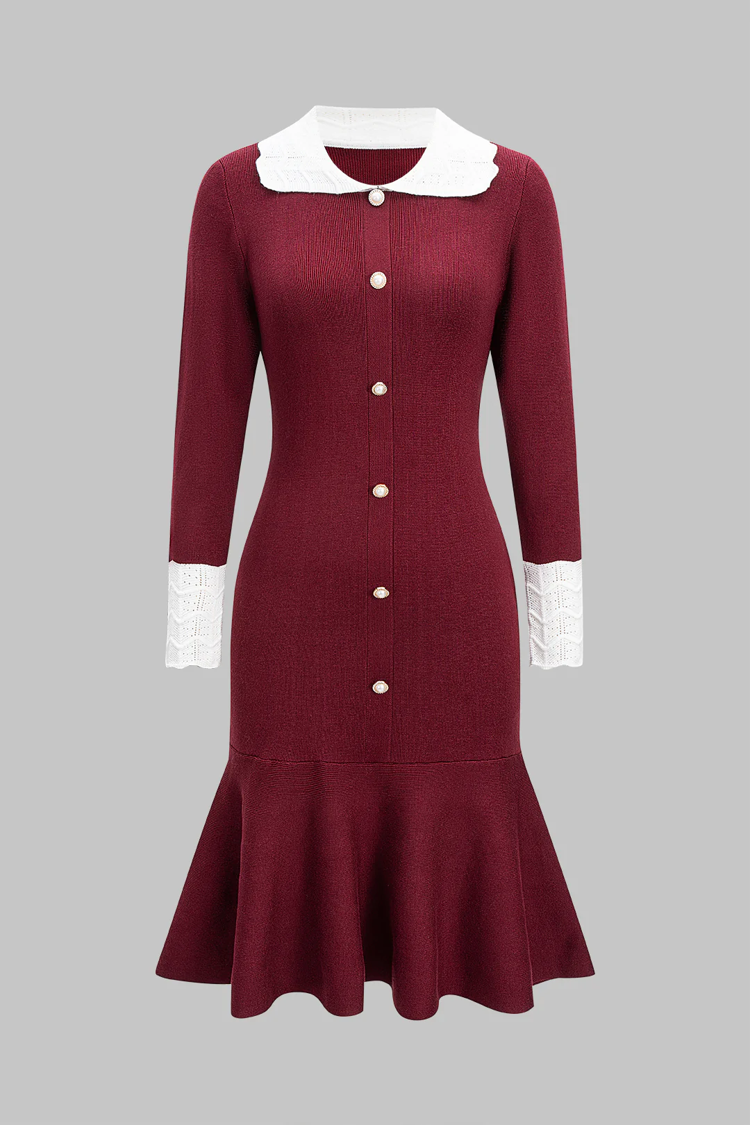 Knit Button Ruffle Hem Long Sleeve Dress - Flockneti
