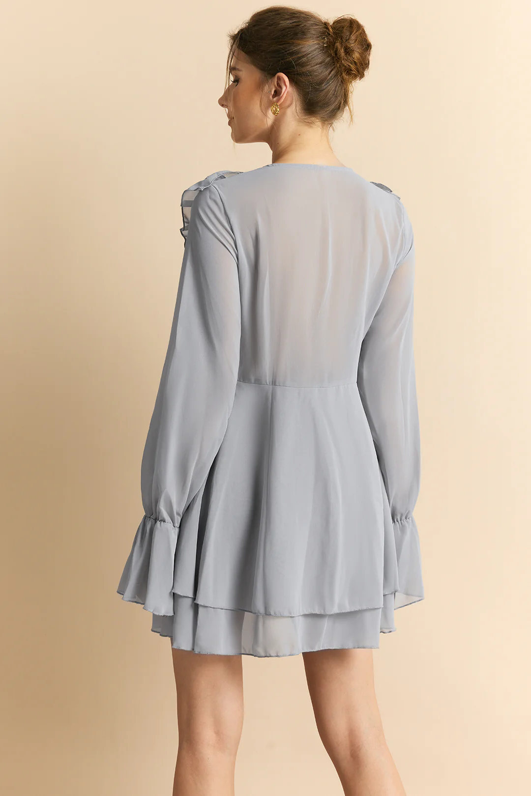 Chiffon Ruffle Tie-Up Bell Sleeve V-Neck Long Sleeve Mini Dress - Flockneti