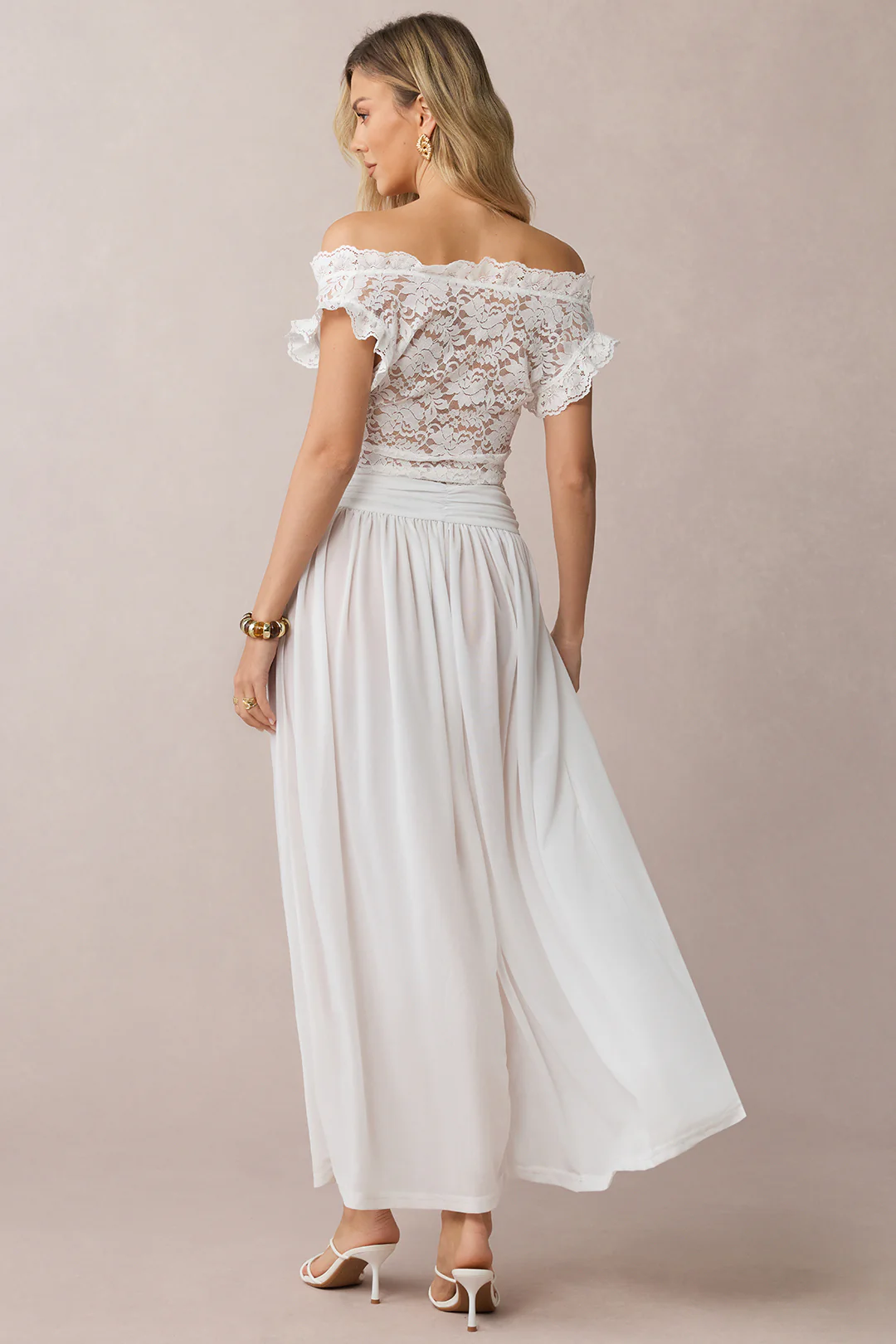 Sheer Lace Patchwork Off-Shoulder Ruched Sleeveless Midi Dress - Flockneti