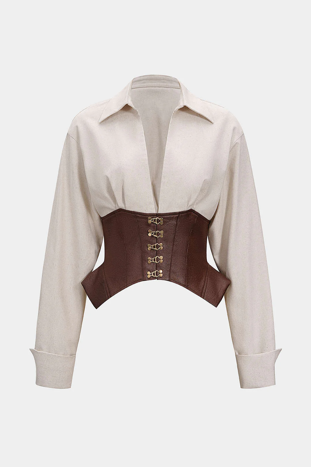 Linen Patchwork Metallic Buckle Long-Sleeve Shirt - Flockneti